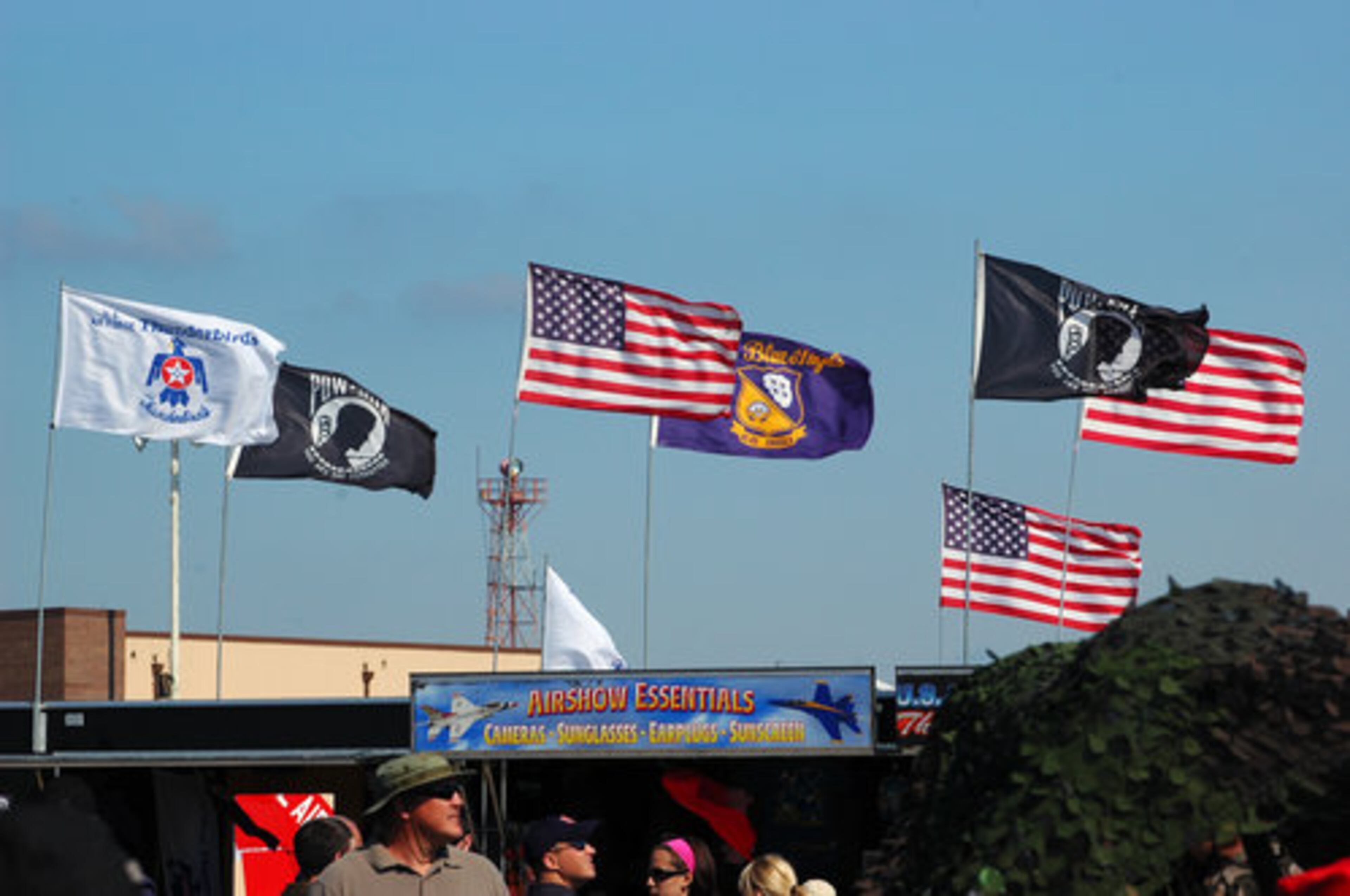Flags fly in the breeze.