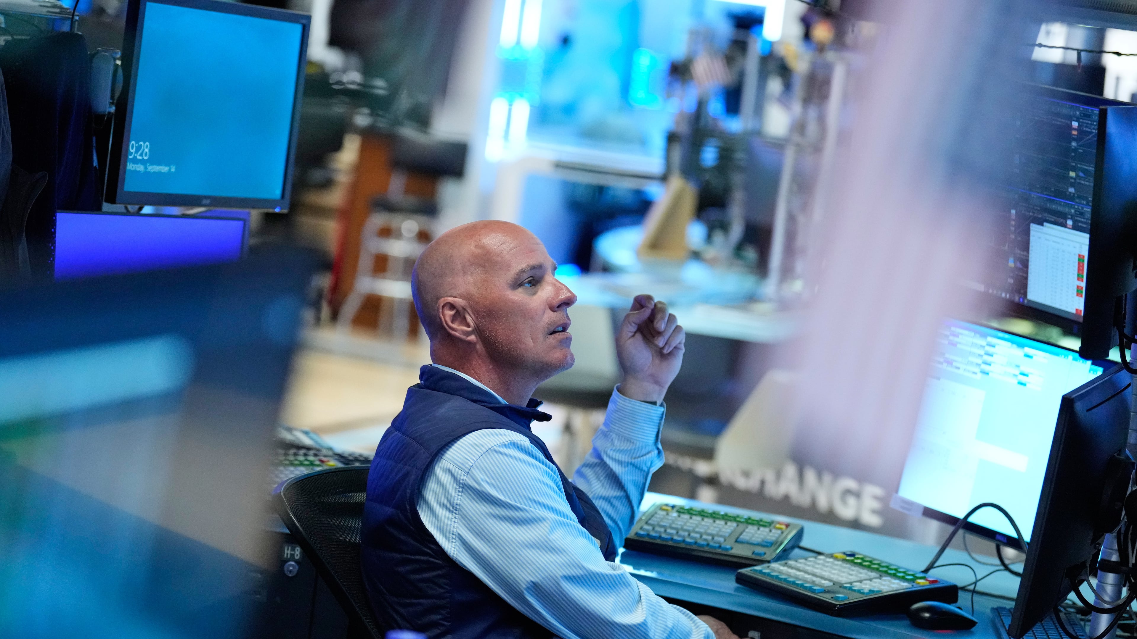 John O'Hara works on the floor at the New York Stock Exchange in New York, Monday, Sept. 14, 2026. (AP Photo/Seth Wenig)