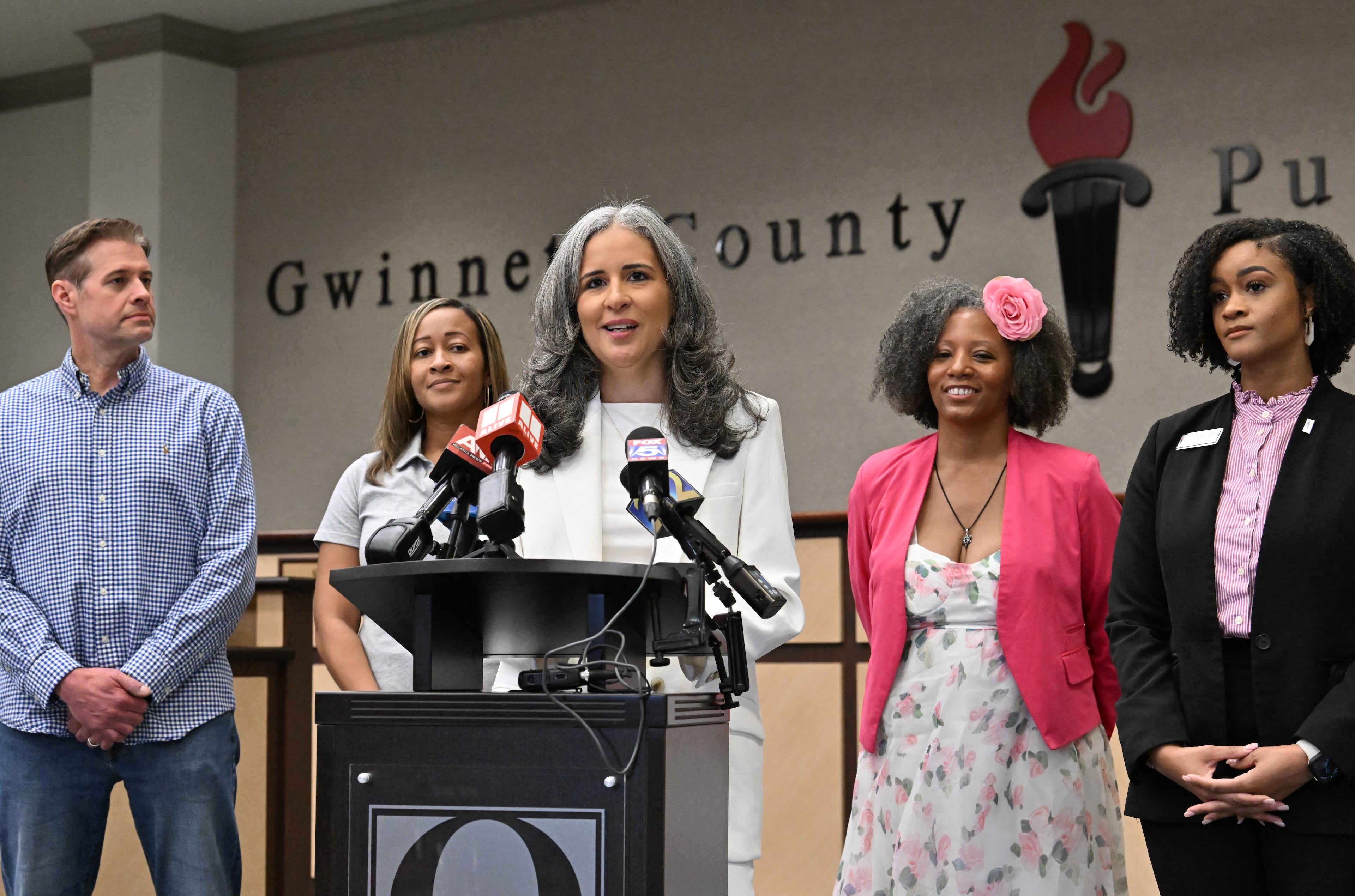 The Gwinnett school district's next superintendent, Alexandra Estrella, speaks during a news conference Saturday, April 4, 2026, in Suwanee. (Hyosub Shin/AJC)