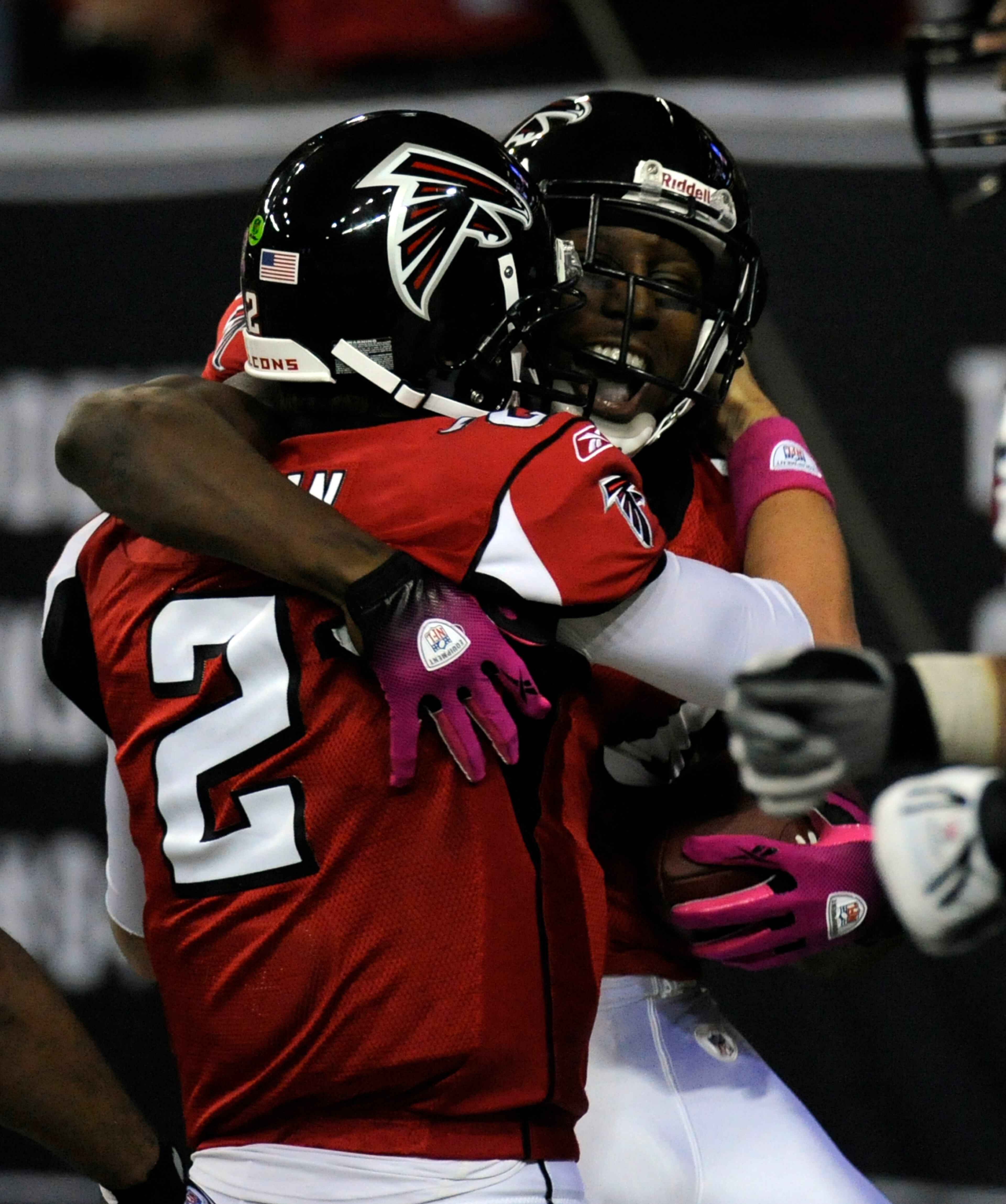 Falcons' quarterback Matt Ryan (left) and wide receiver Roddy White celebrate their first touchdown against the Chicago Bears on Oct 18, 2009. Elissa Eubanks, eeubanks@ajc.com