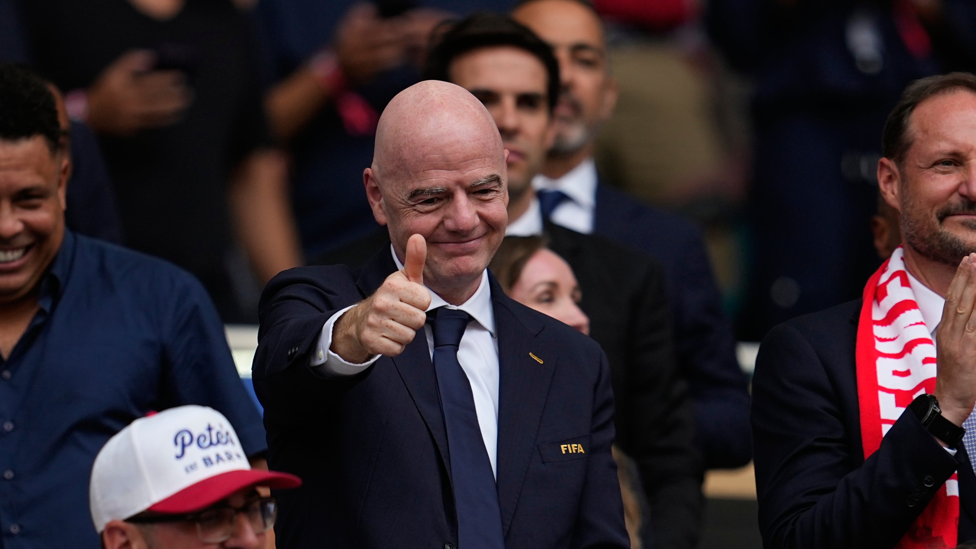 FIFA President Gianni Infantino attends the World Cup quarterfinal soccer match between Norway and England in Miami Gardens, Fla., Saturday, July 11, 2026. (AP Photo/George Walker IV)