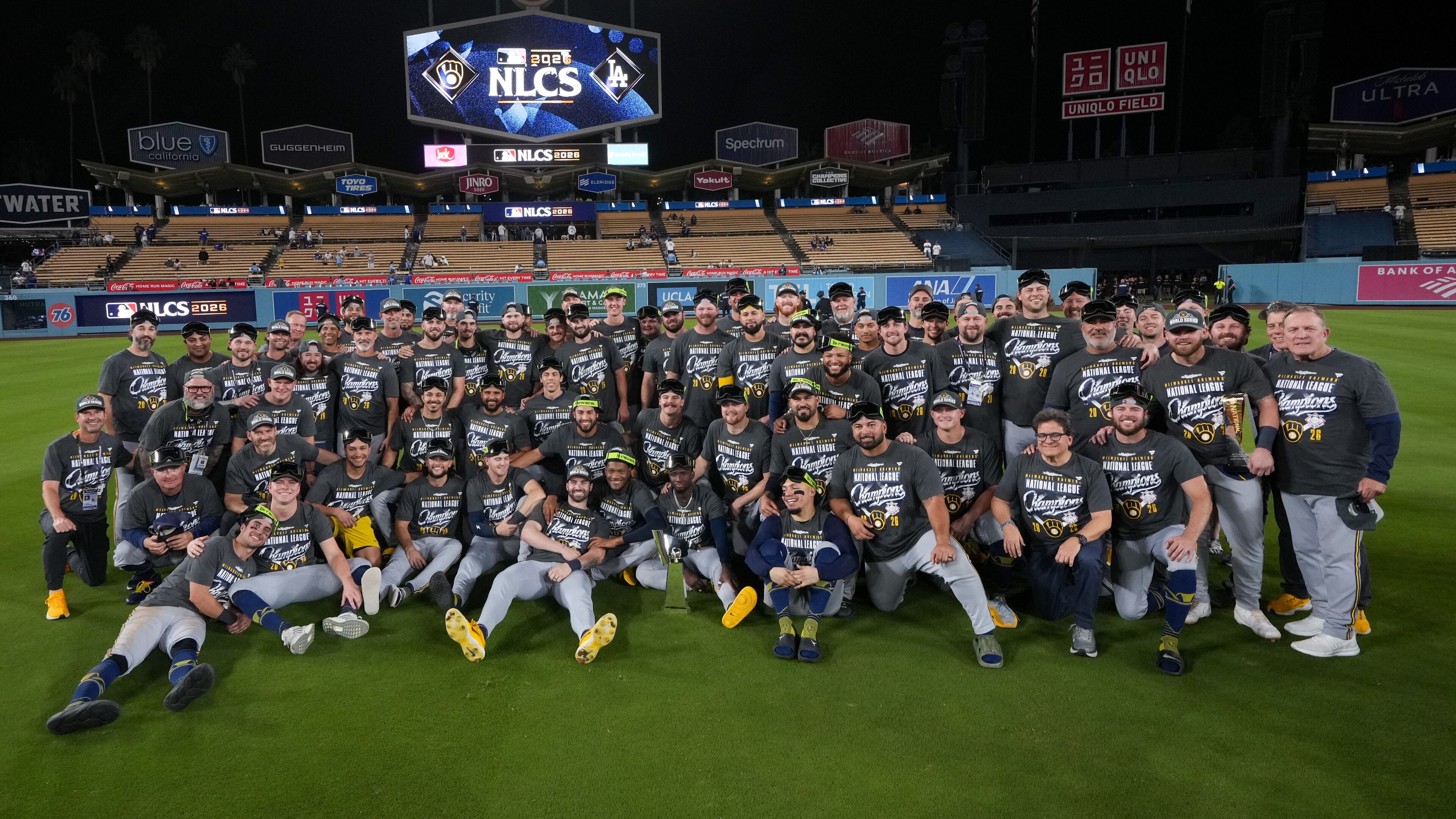 The Milwaukee Brewers pose for a team photo after Game 4 of baseball's National League Championship Series between the Milwaukee Brewers and the Los Angeles Dodgers, Thursday, Oct. 15, 2026, in Los Angeles. (AP Photo/Gregory Bull)