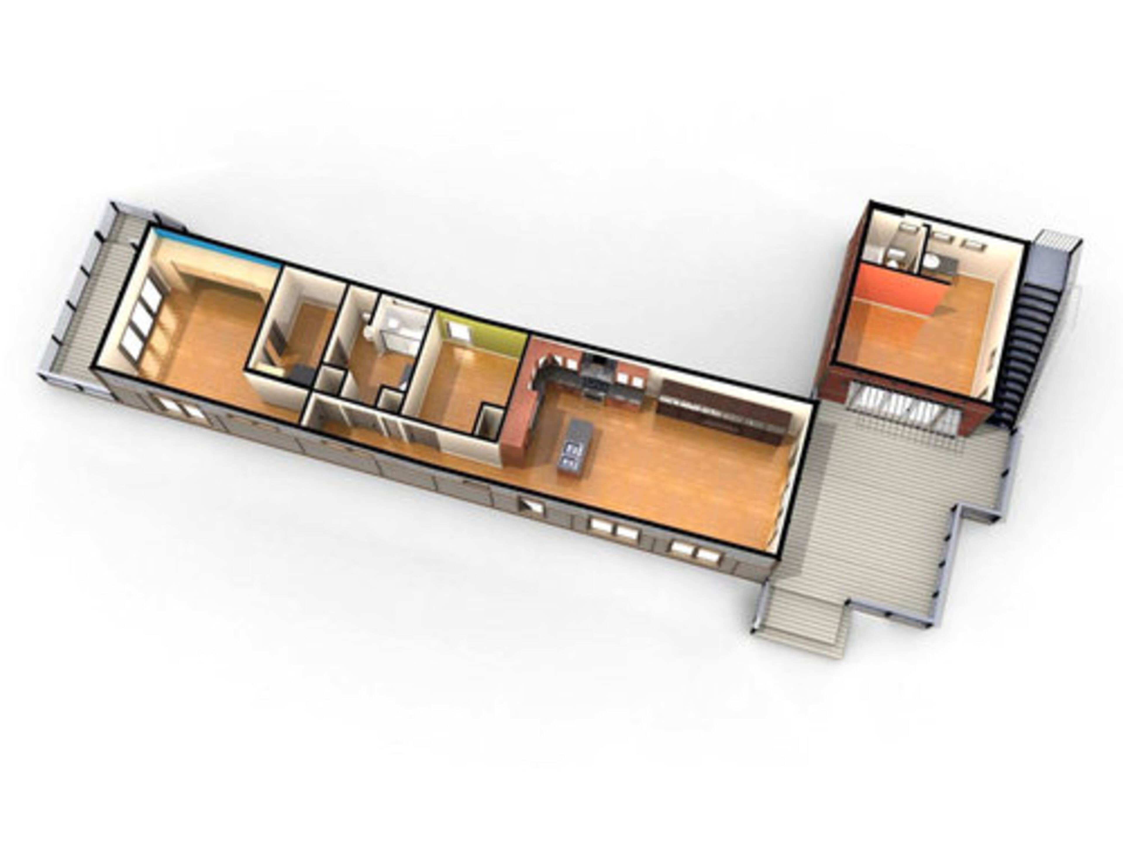 In this artist rendering provided by Clayton Homes Inc. of Tennessee, the floor plan of its new solar-powered, energy efficient i-house, is shown. The prefab home has just gone on sale nationally and can be altered, by the buyer, in size and shape. In this example, the core of the house has a second bedroom and has been arranged in an 'L' pattern with the separate 'flex room' off the deck.