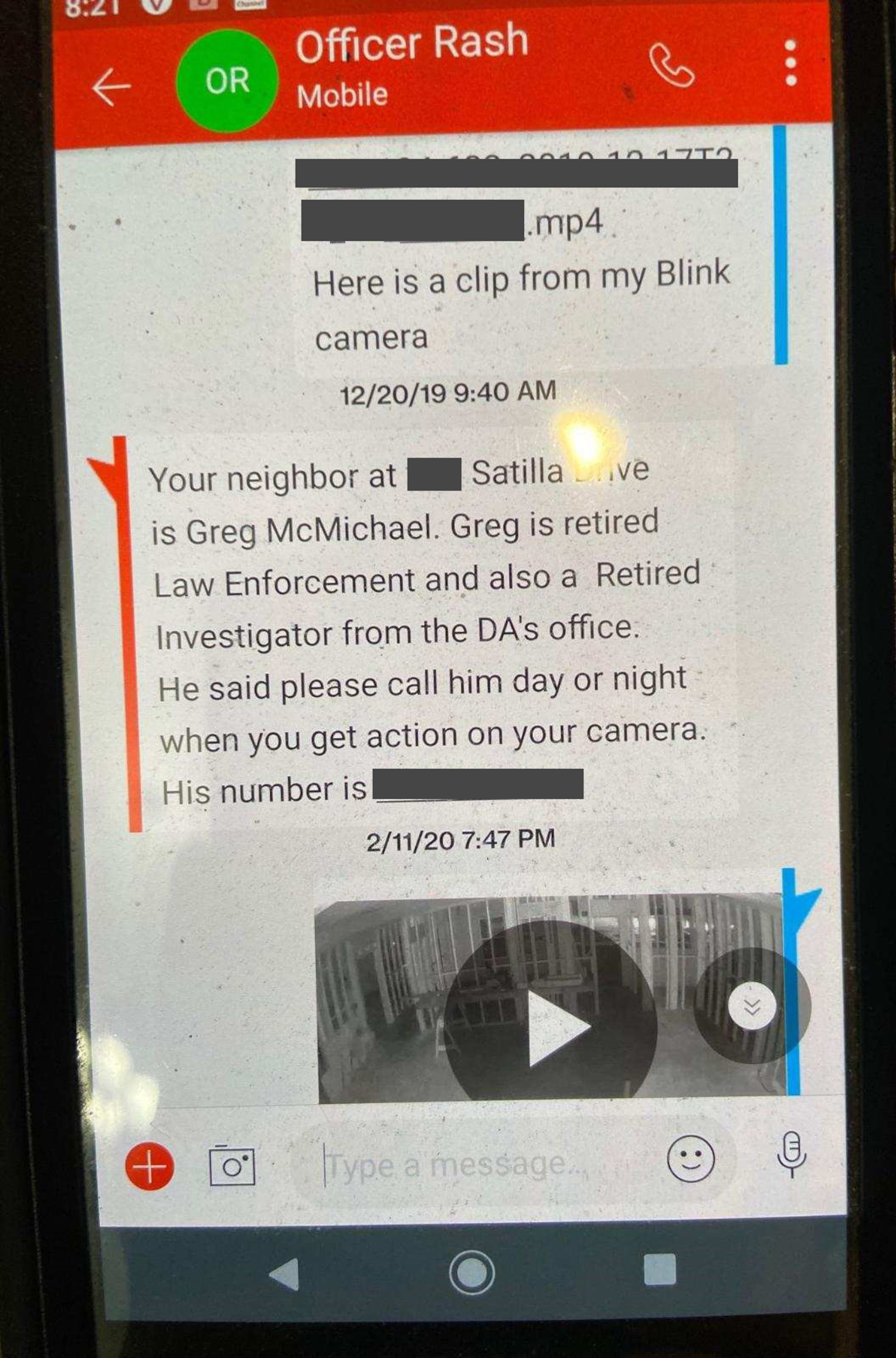 This shows a Dec. 20 text from Glynn County officer Robert Rash to Satilla Shores property owner Larry English. English was having trouble, starting last fall, with people entering the property at night. The officer said neighbor Greg McMichael, a former law enforcement officer, was willing to help. English told police nothing was ever taken from the property. (Source: Elizabeth Graddy, English's attorney)