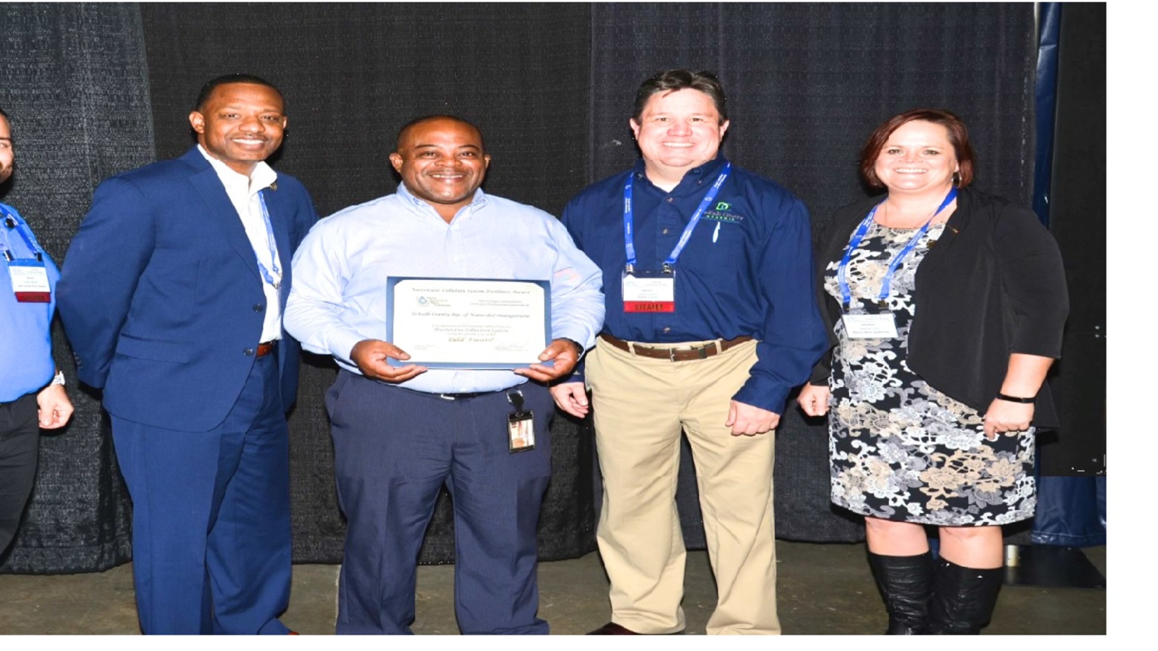 DeKalb County Watershed Management receives two awards. Pictured from left, Jesse LeBoeuf (Cobb County Water System), DWM Collections Systems Committee Chair, Orthelus T. Perdue, Edgar Smith, Darren Eastall, and Heather Veal (Macon Water Authority). CONTRIBUTED