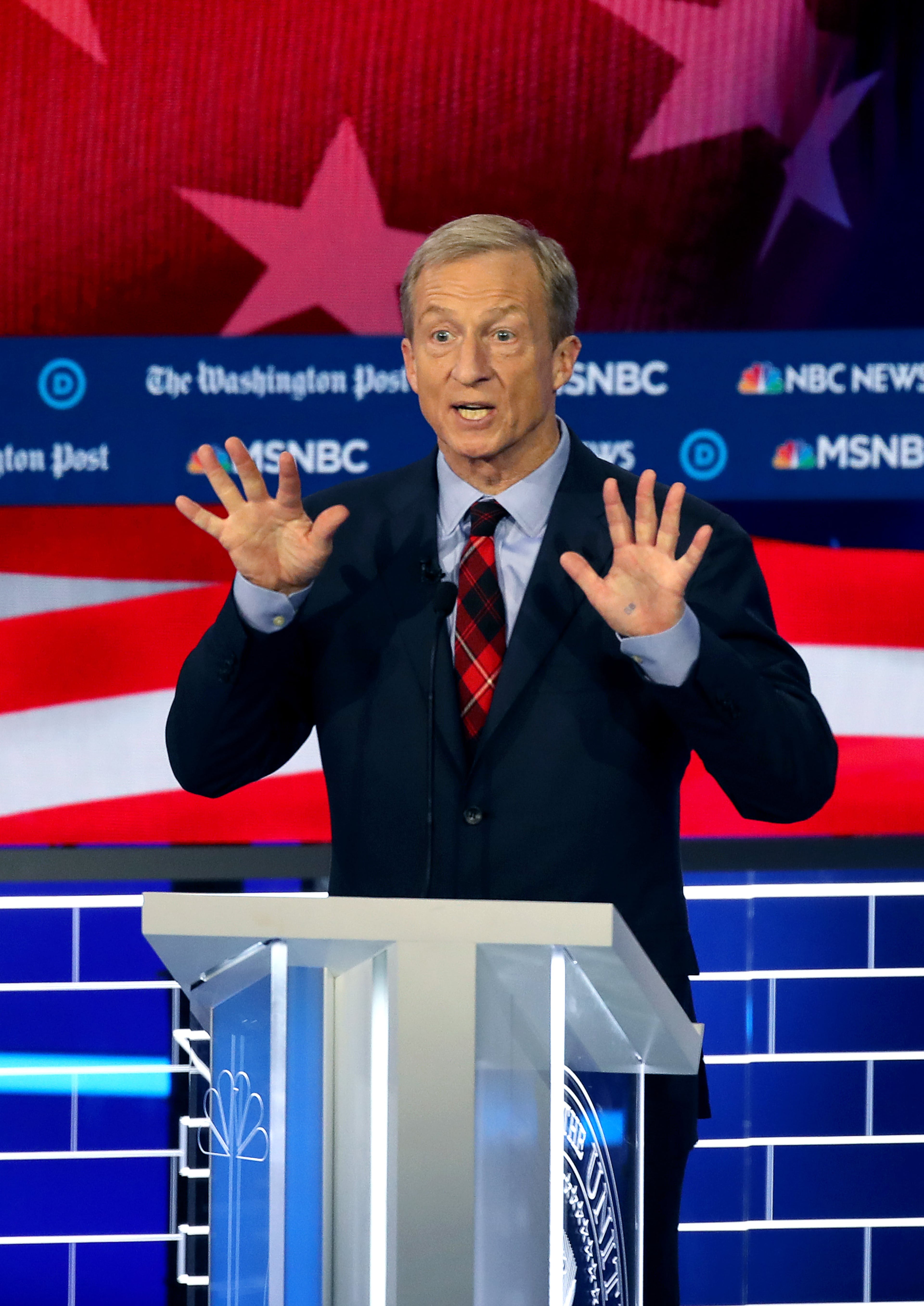 11/20/2019 -- Atlanta, Georgia -- Businessman Tom Steyer speaks, during the MSNBC/The Washington Post Democratic Presidential debate inside the Oprah Winfrey Soundstage at Tyler Perry Studios, Monday, November 20, 2019. (Alyssa Pointer/Atlanta Journal Constitution)