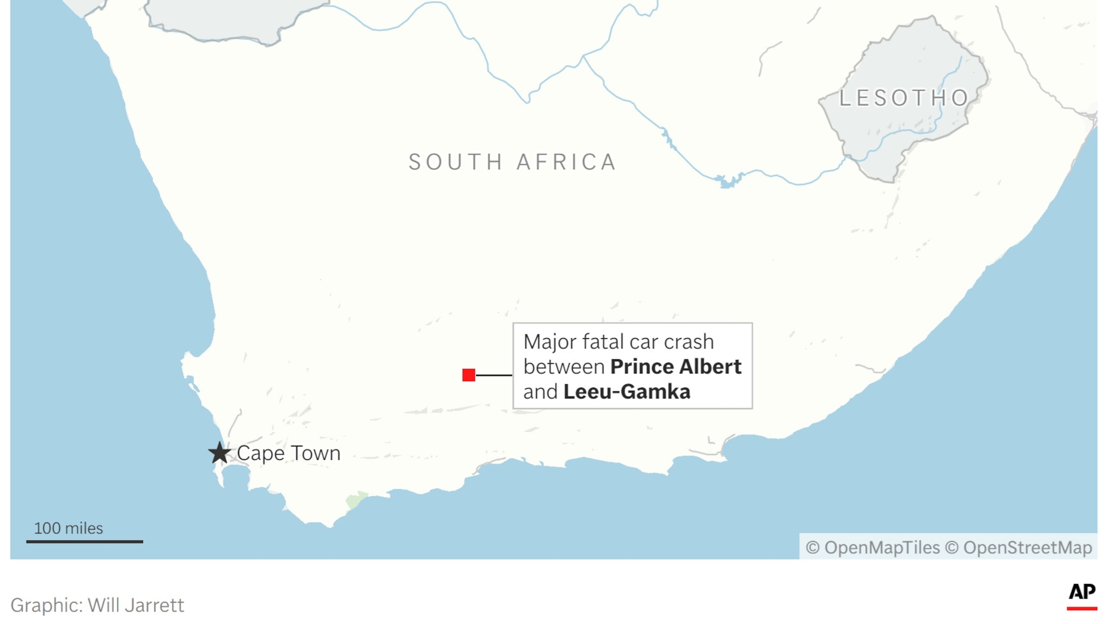 A map showing the approximate location of a major fatal car crash in South Africa. (AP Digital Embed)