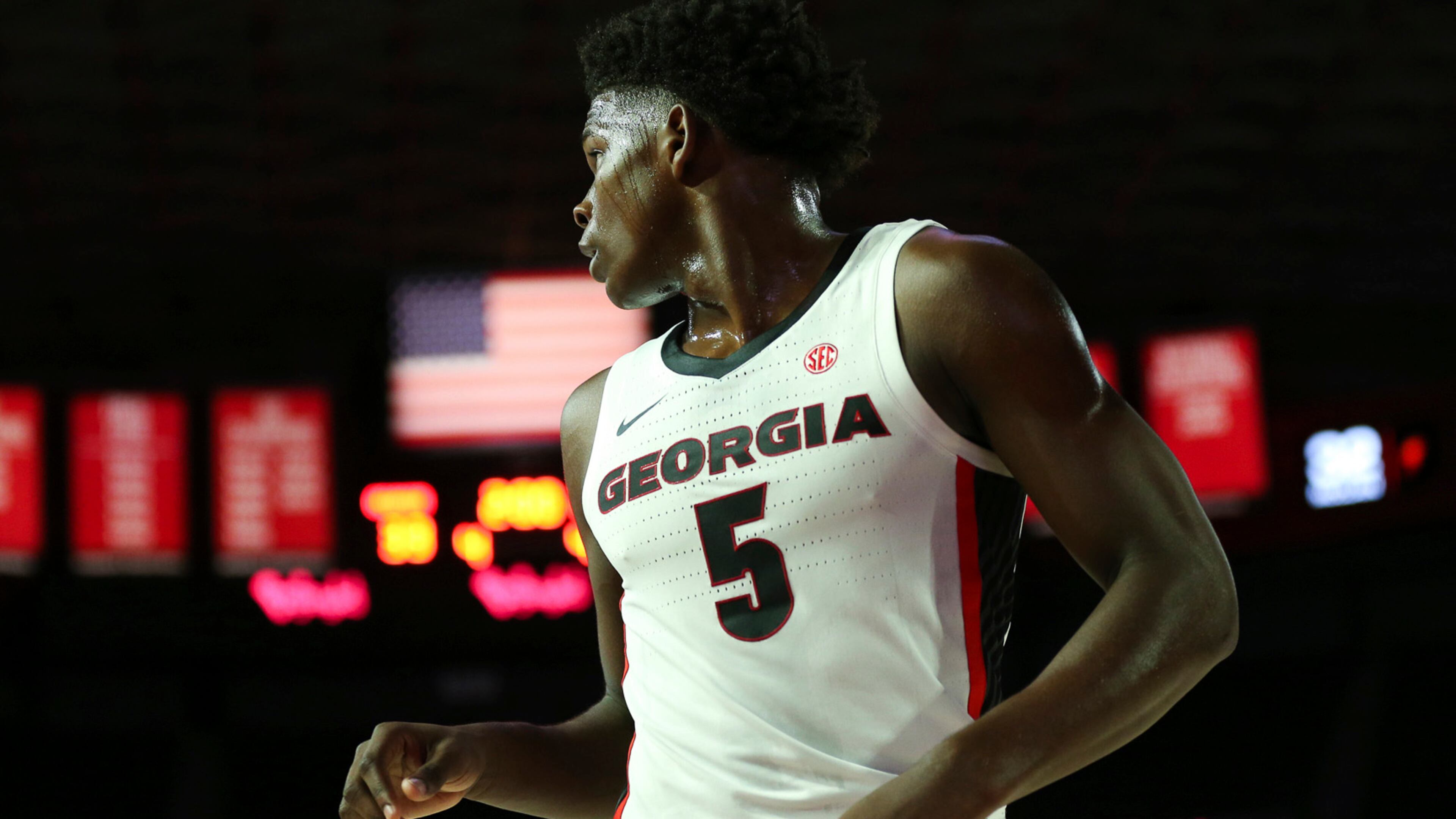 Georgia's Anthony Edwards (5) competes in a scrimmage during the team's Stegmania event Friday, Oct. 11, 2019, at Stegeman Coliseum in Athens.