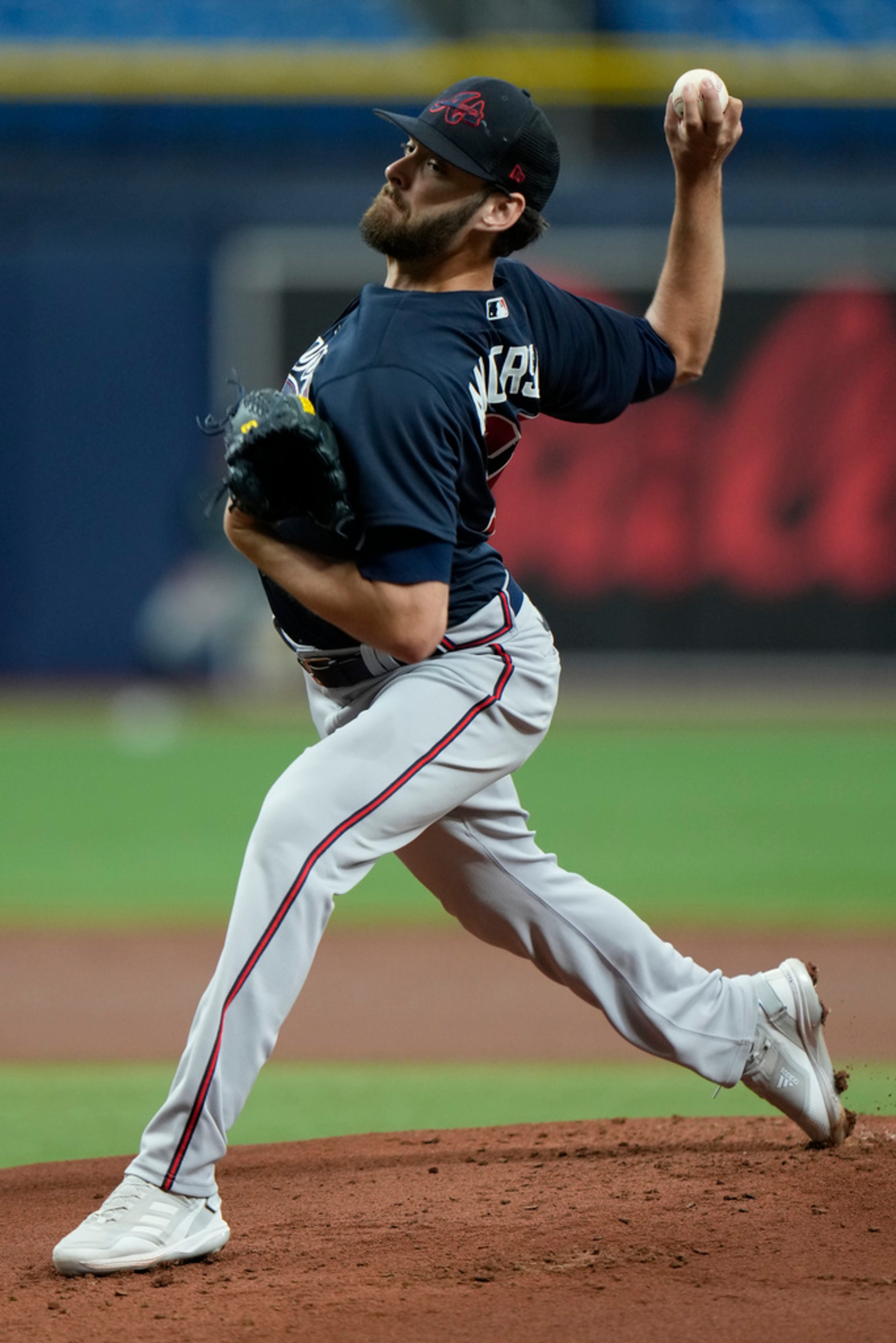 Atlanta Braves pitcher Ian Anderson against the Tampa Bay Rays during the first inning of a spring training baseball game Friday, March 10, 2023, in St. Petersburg, Fla. (AP Photo/Chris O'Meara)