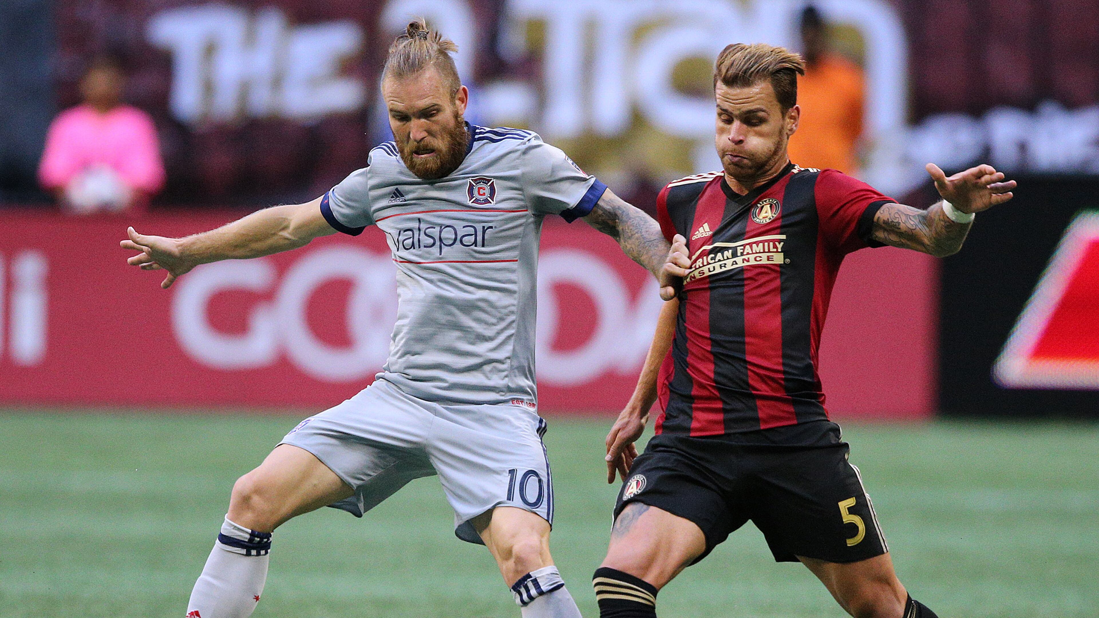 October 21, 2018 Atlanta: Atlanta United defender Leandro Gonzalez Pirez battles Chicago Fire forward Aleksander Katai for the ball during the first half in a MLS soccer match on Sunday, Oct 21, 2018, in Atlanta. Curtis Compton/ccompton@ajc.com