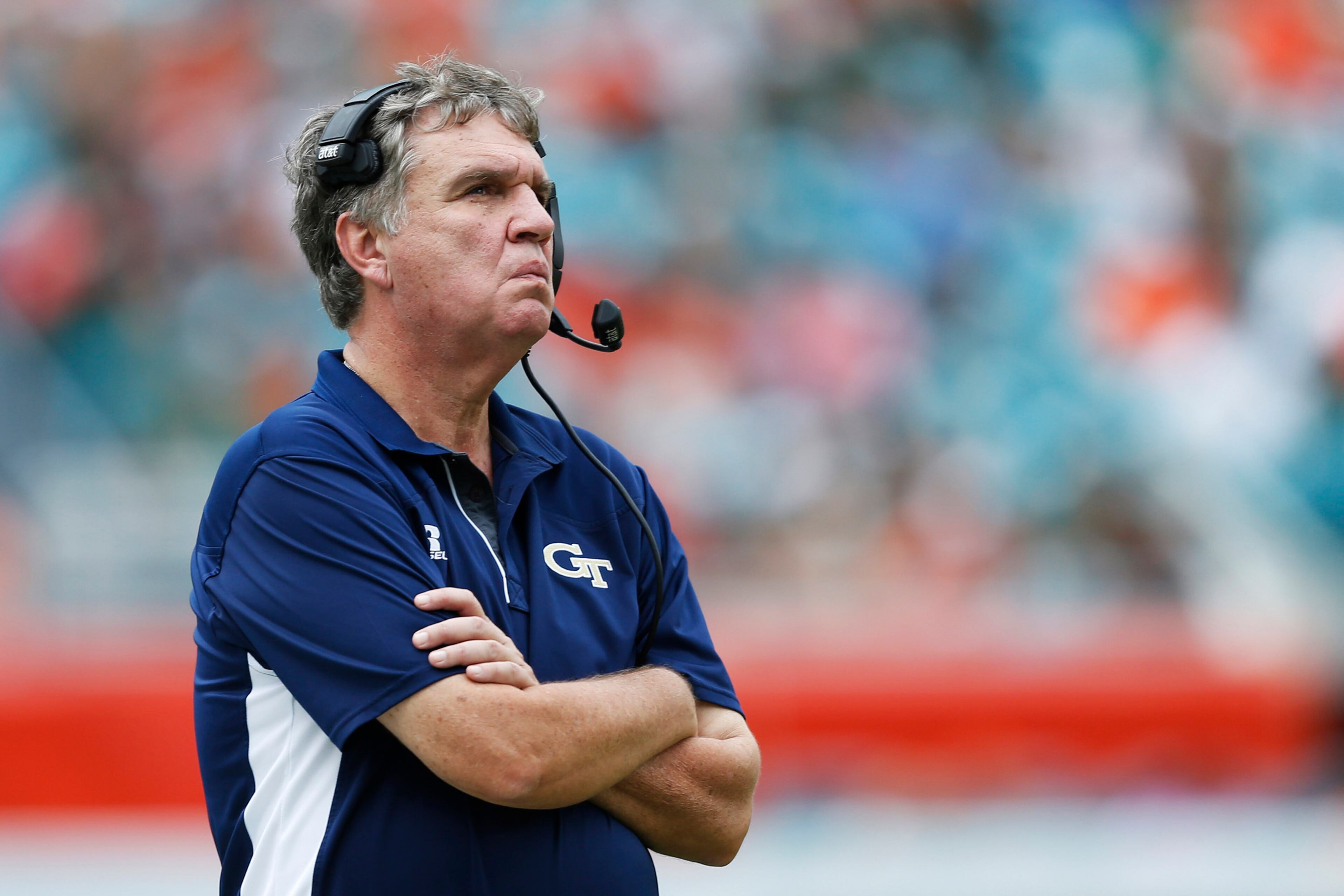 MIAMI GARDENS, FL - NOVEMBER 21: Head coach Paul Johnson of the Georgia Tech Yellow Jackets watches a replay of a touchdown by the Miami Hurricanes on November 21, 2015 at Sun Life Stadium in Miami Gardens, Florida.(Photo by Joel Auerbach/Getty Images)