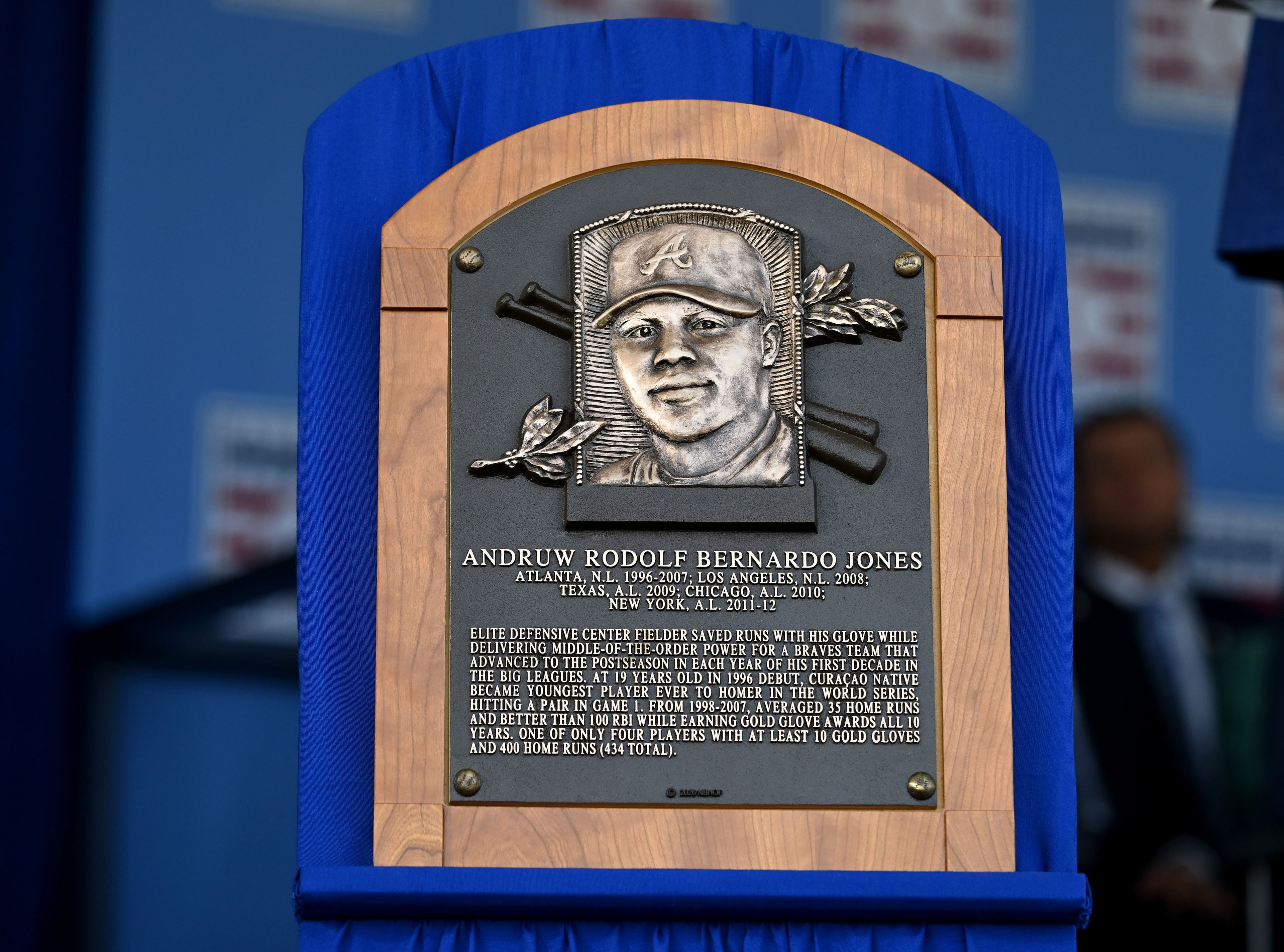 Andruw Jones’ Hall of Fame plaque is displayed during the 2026 National Baseball Hall of Fame Induction Ceremony at the Clark Sports Center on Sunday, July 26, 2026, in Cooperstown, N.Y. Braves centerfielder Andruw Jones is set for induction into the National Baseball Hall of Fame as part of the Class of 2026, alongside Carlos Beltrán and Jeff Kent. (Hyosub Shin/AJC)