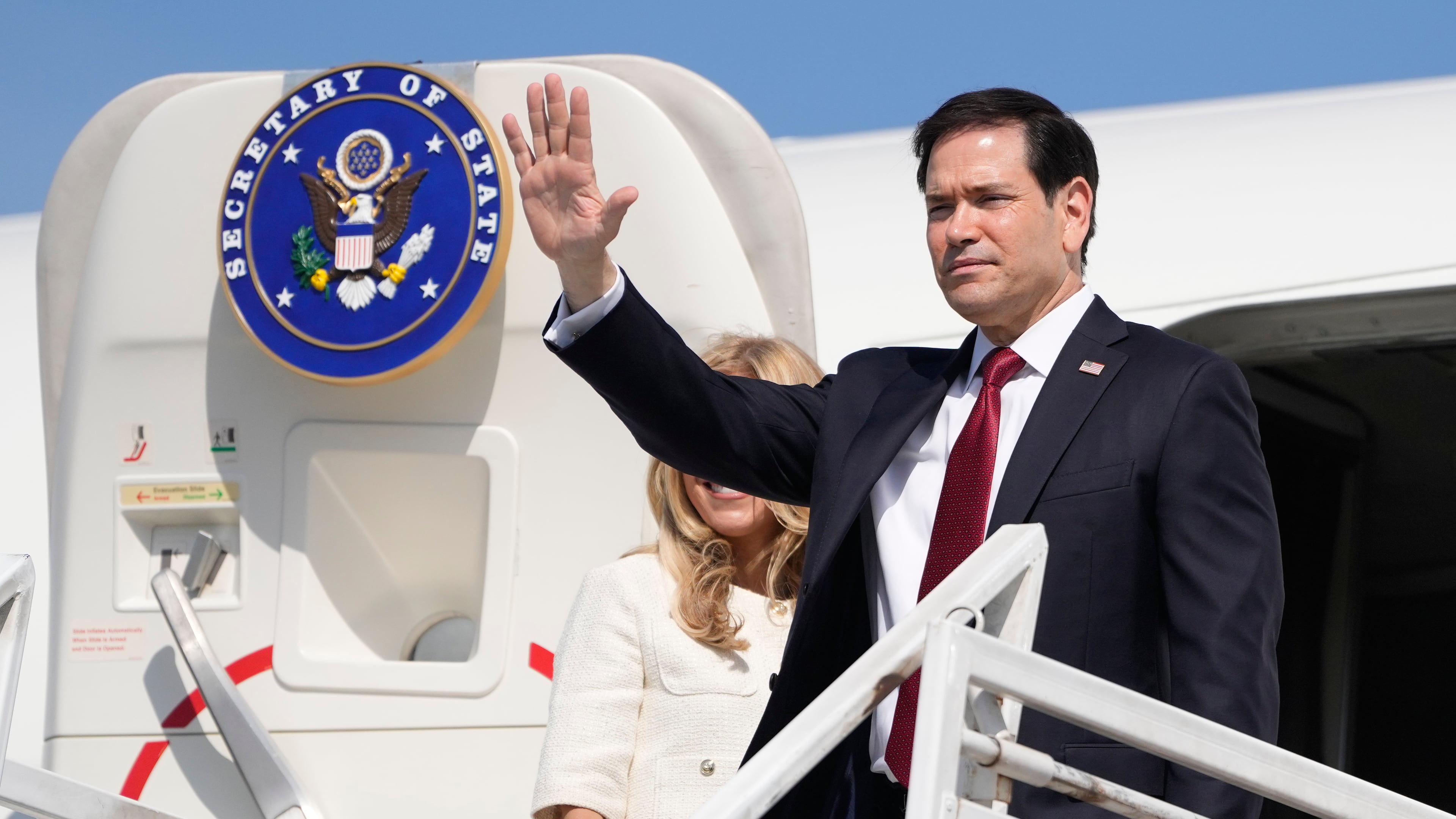 U.S. Secretary of State Marco Rubio and his wife Jeanette Rubio depart the international airport Ernesto Cortissoz in Barranquilla, Colombia, Wednesday, Sept. 9, 2026. (AP Photo/Fernando Vergara, Pool)