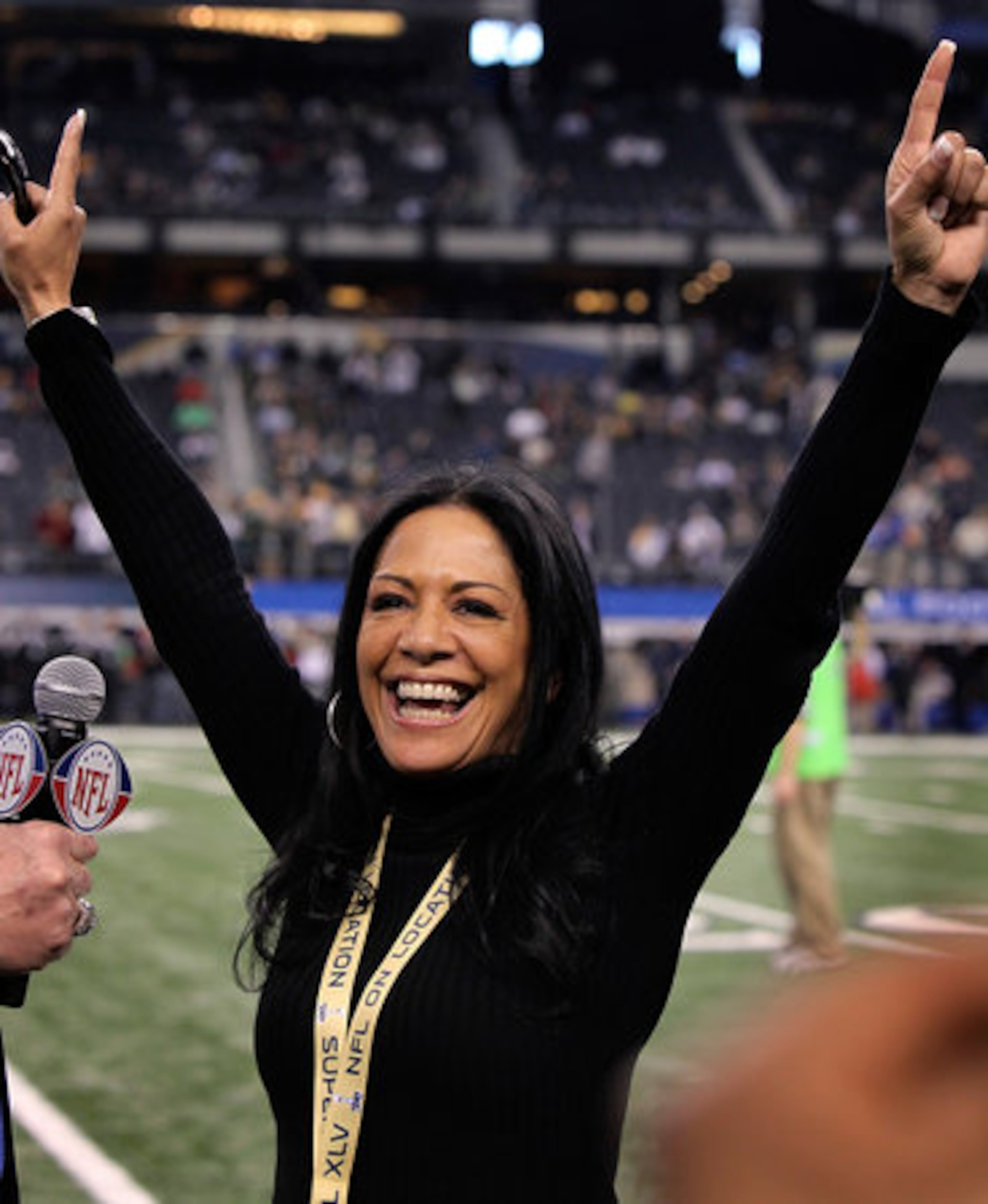 Musician Sheila E smiles as she announces she is a Packers fan before the start of Super Bowl XLV where the Green Bay Packers face the Pittsburgh Steelers at Cowboys Stadium in Arlington, Texas, Sunday, February 6, 2011.