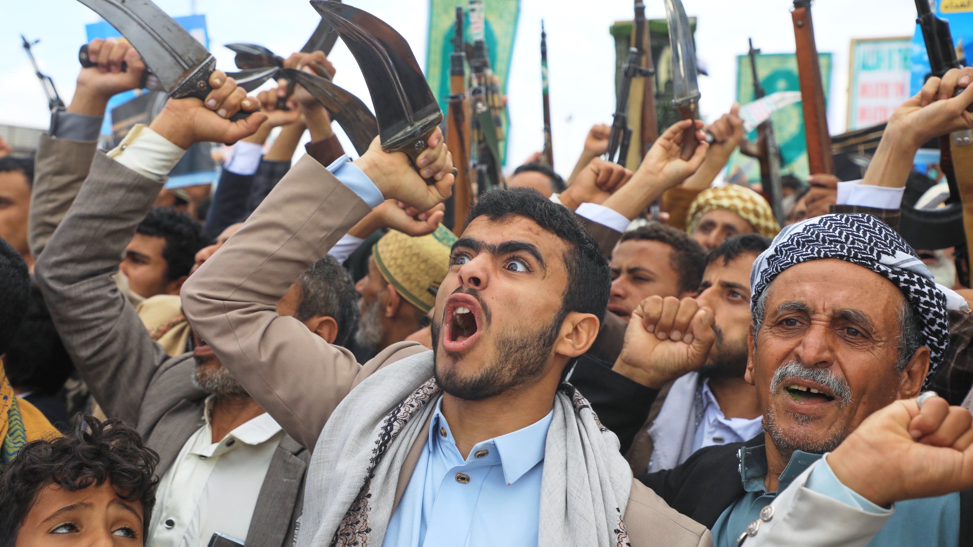 Supporters of Yemen's Houthi rebels shout slogans during a rally in support of the group and to protest Saudi Arabia's accusation that the Houthis targeted Islam's holiest site, Mecca, in Sanaa, Yemen, Friday, Sept. 18, 2026. (AP Photo/Osamah Abdulrahman)