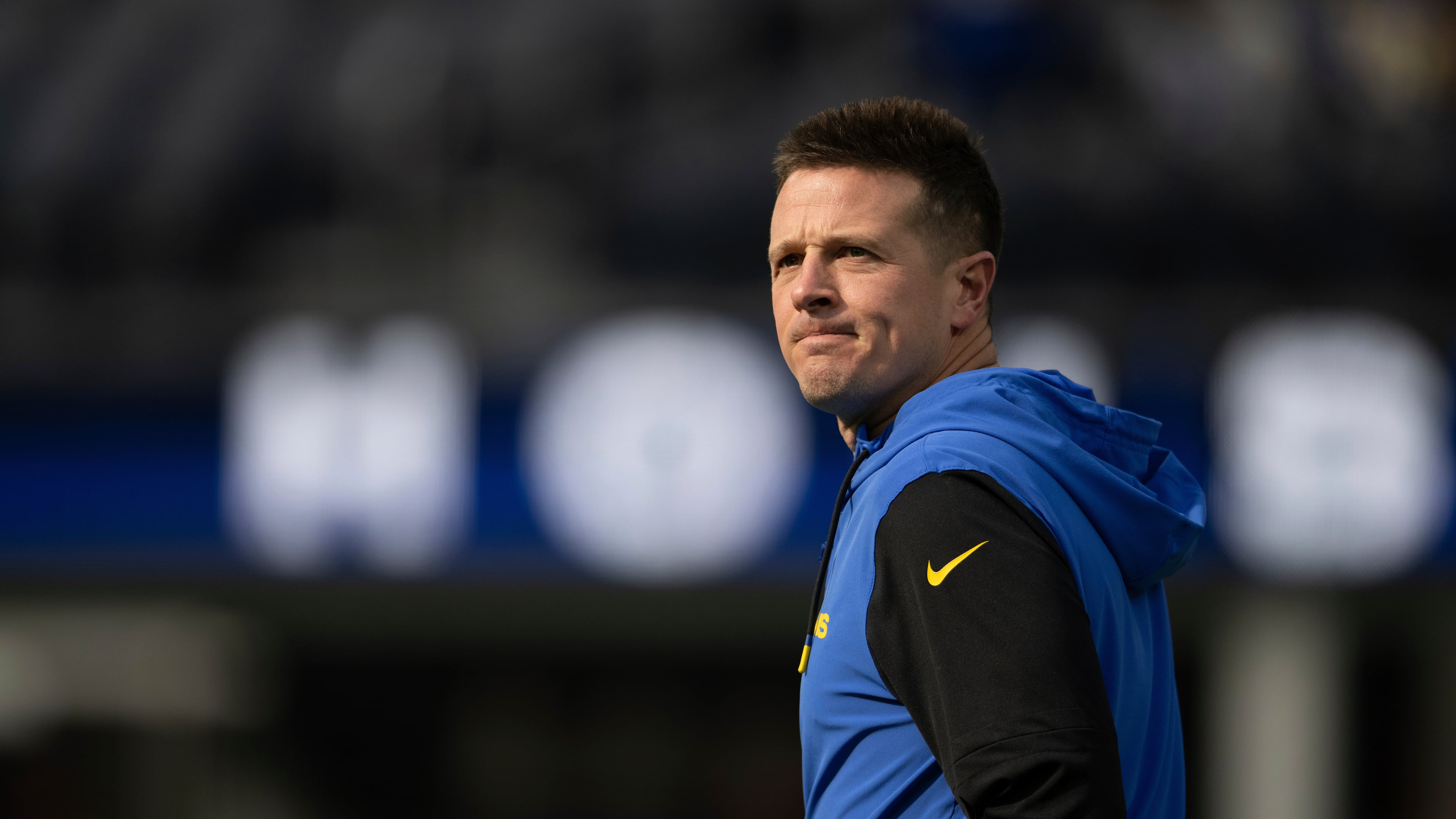 FILE - Los Angeles Rams offensive coordinator Mike LaFleur walks on the field before an NFL football game against the Seattle Seahawks Jan. 5, 2025, in Inglewood, Calif. (AP Photo/Kyusung Gong, File)