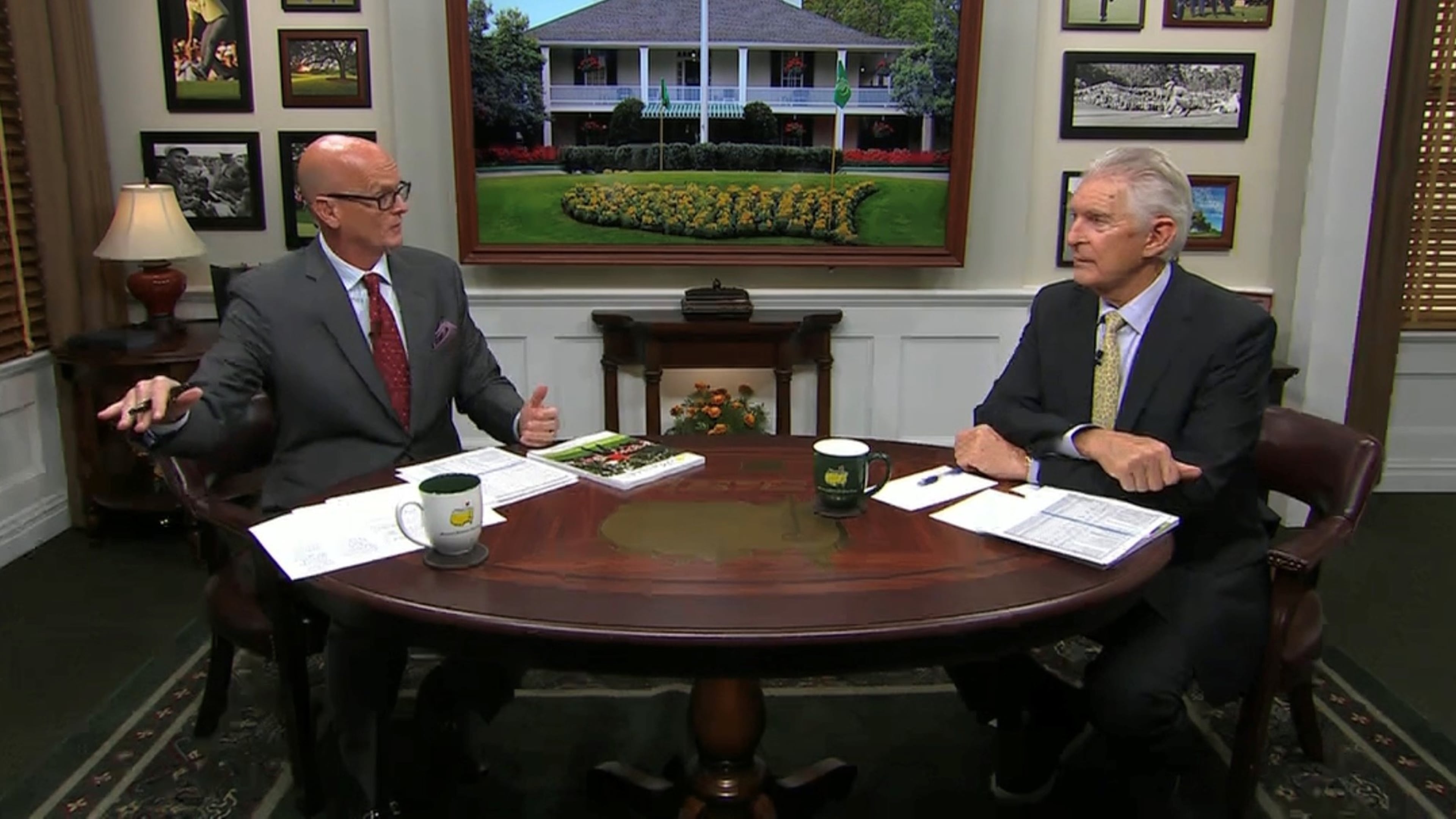 ESPN golf commentator Scott Van Pelt (left) and Andy North at the Masters.