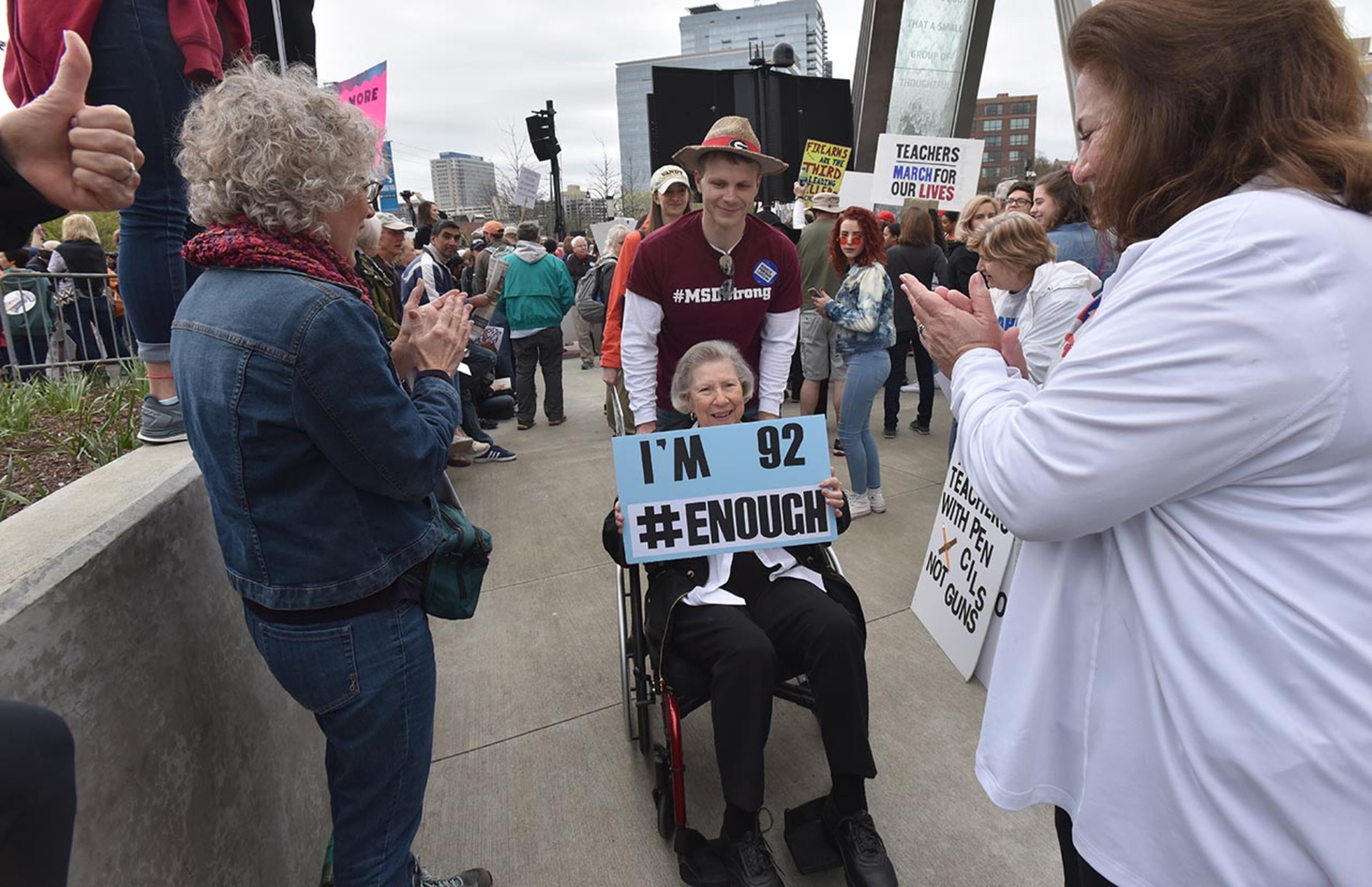 March 24, 2018 Atlanta - 92 year-old Bertha Stimson was one of thousands people participate in the March For Our Lives rally at the Center for Civil and Human Rights before on Saturday, March 24, 2018. Atlanta police estimated the crowd at near 30,000 for today's March for Our Lives. People of all ages were drawn to one of the nationwide demonstrations in a movement begun by student survivors of last month's mass killing in a Parkland, Fla., school. Some of those Florida students were among the speakers in Atlanta. HYOSUB SHIN / HSHIN@AJC.COM