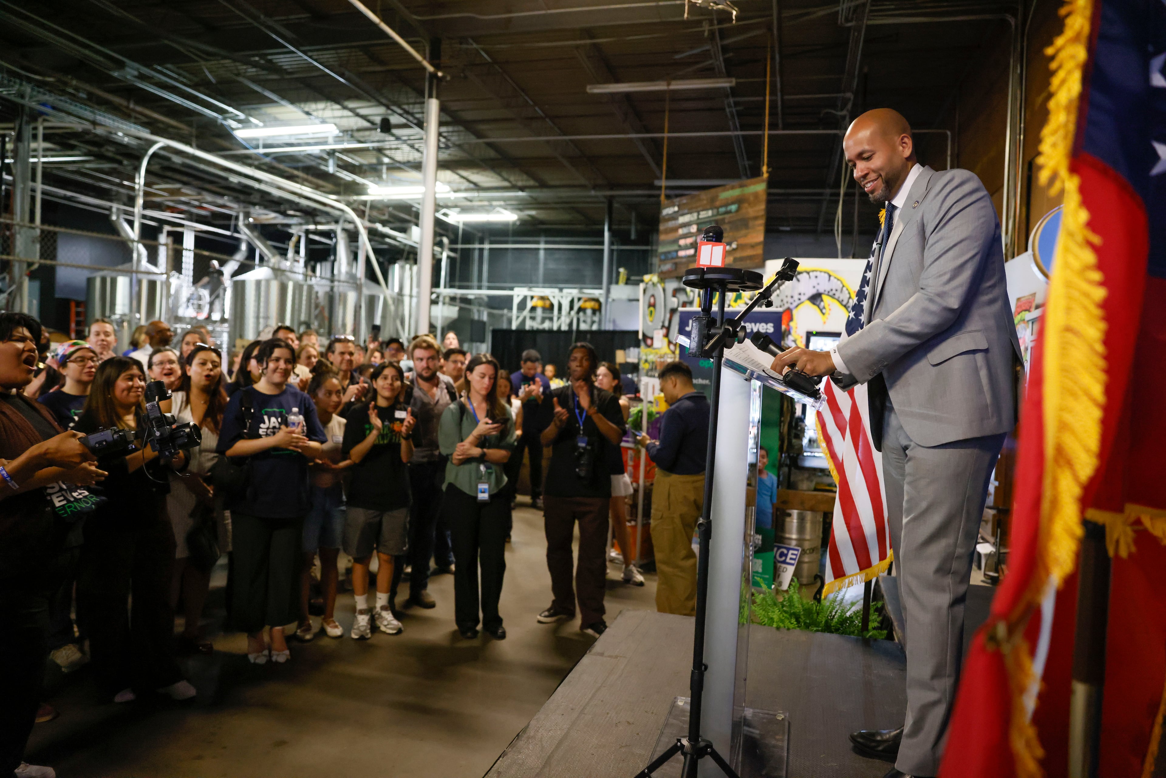Jason Esteves speaks to supporters at his watch party for the governor's race at Scofflaw Brewing Co., in Atlanta on Tuesday, May 19, 2026, during the 2026 Georgia primary elections.(Bob Andres for the AJC)