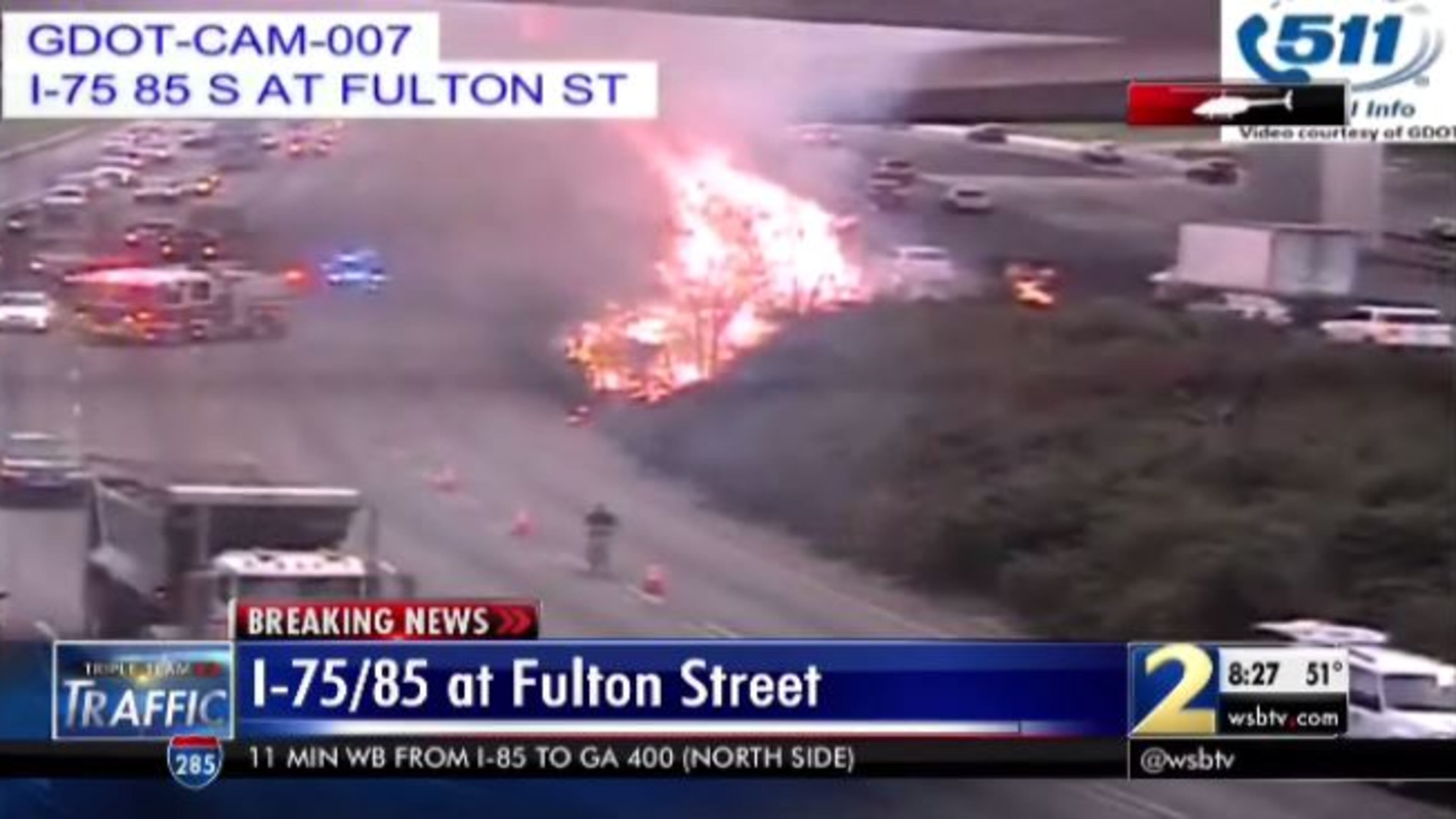 A brush fire caused delays on the Downtown Connector on Thursday. (Credit: Channel 2 Action News)