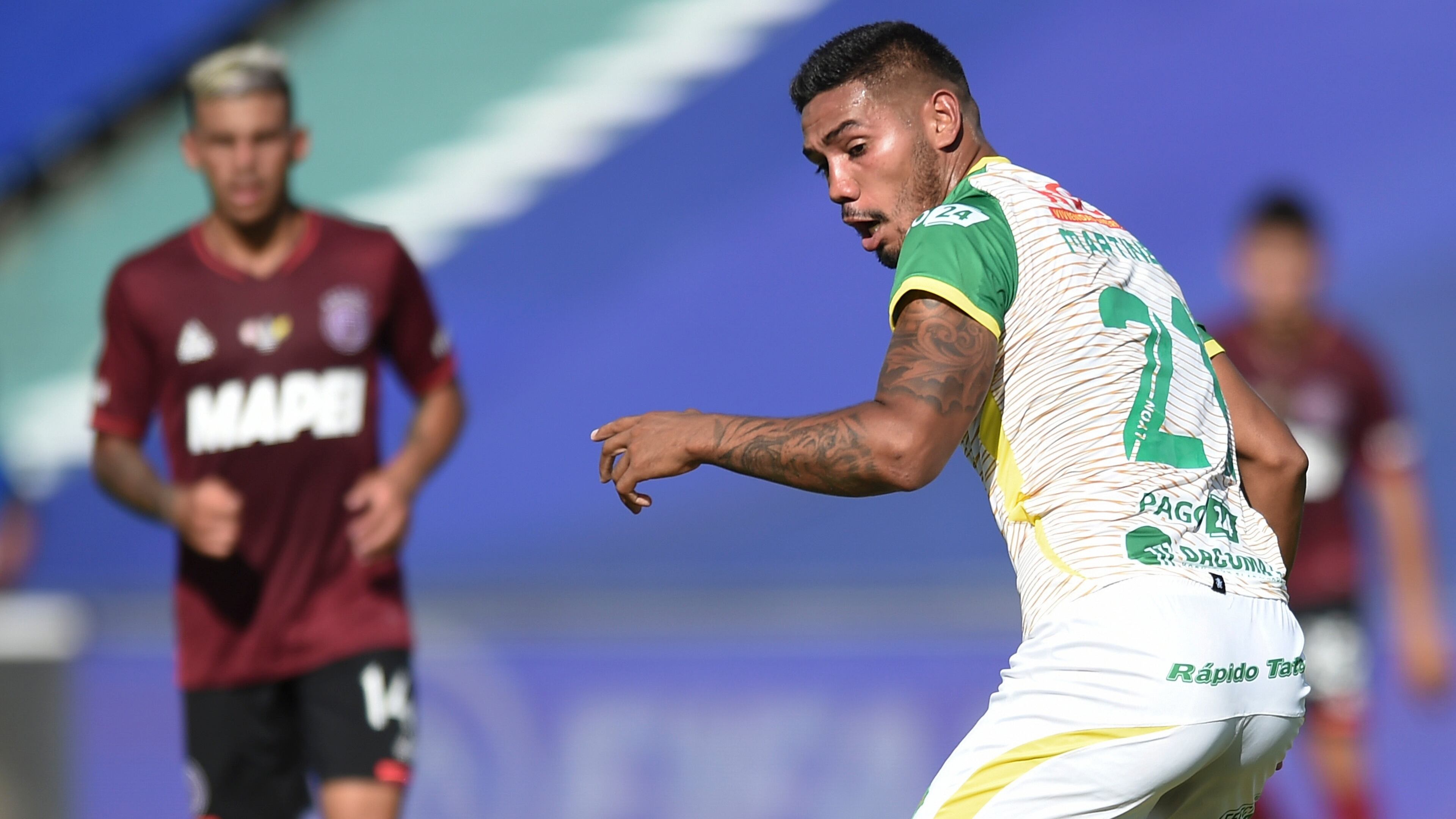 Hector Martinez of Argentina's Defensa y Justicia (right) during the Copa Sudamericana final match Saturday, Jan. 23, 2021, in Cordoba, Argentina. (Marcelo Endelli/Pool via AP)