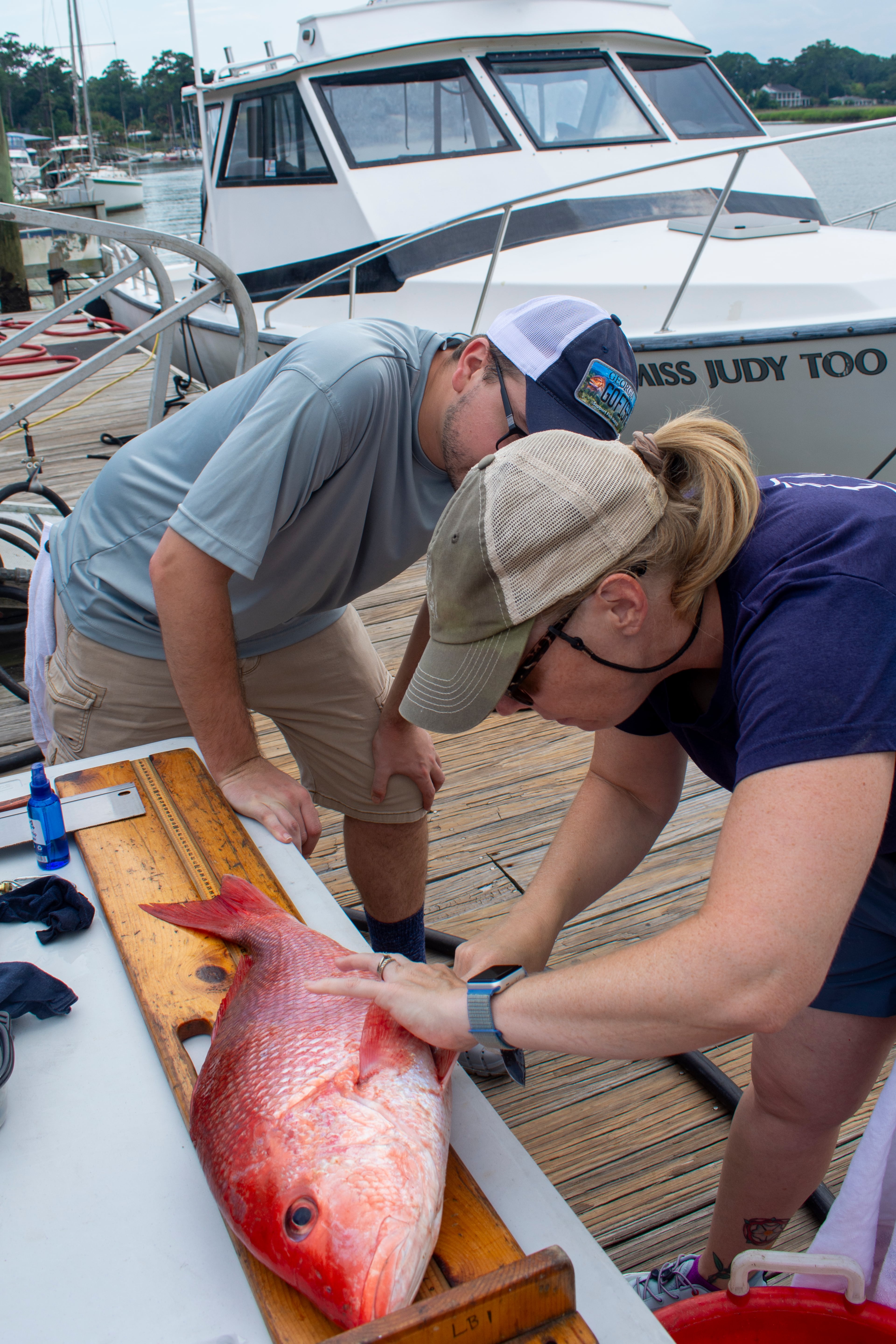 Georgia Department of Natural Resources marine technicians measure a red snapper landed in 2024. (Photo courtesy of Georgia DNR Coastal Resources Division)