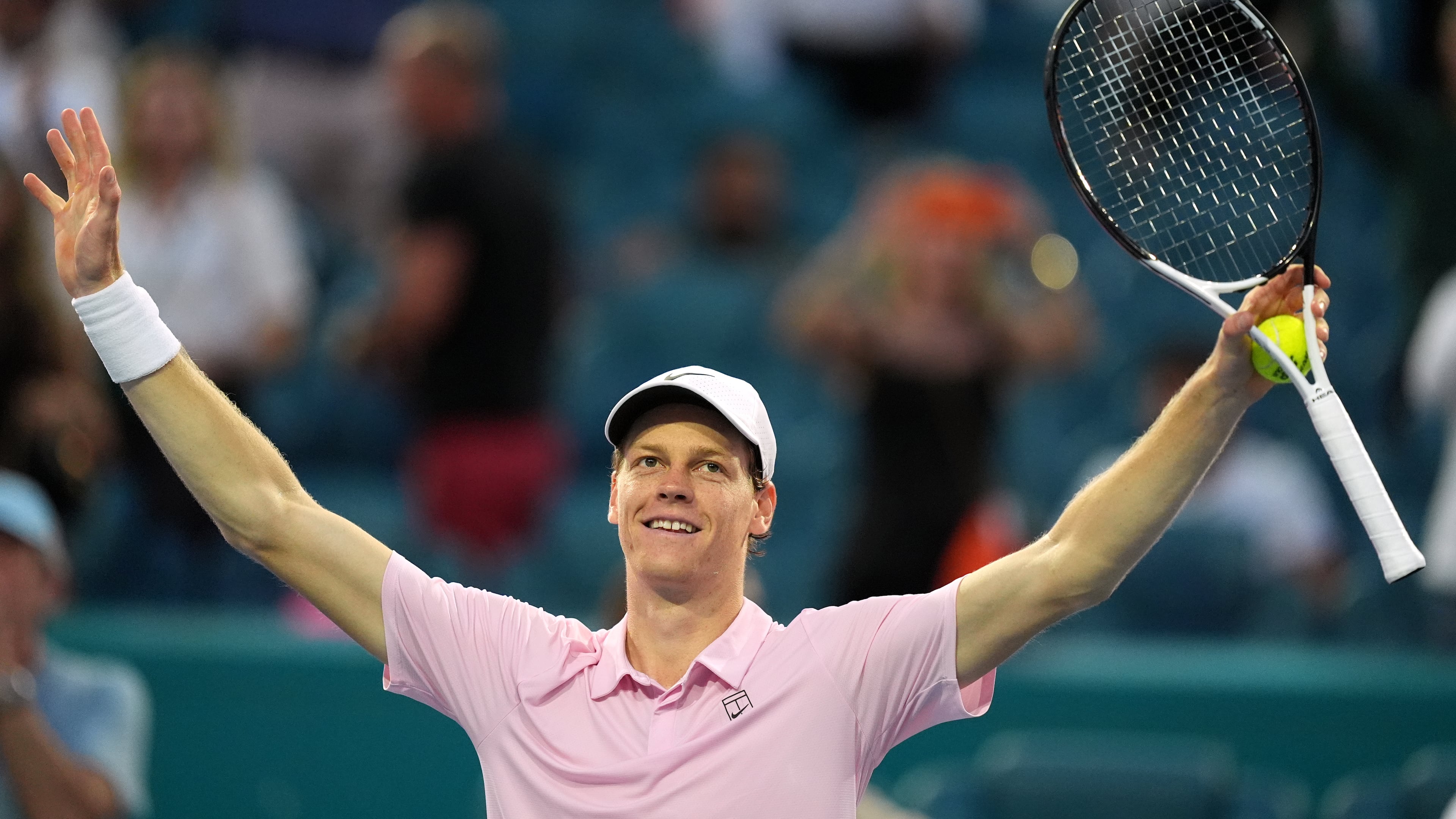Jannik Sinner of Italy celebrates after defeating Jiri Lehecka of the Czech Republic in the men's singles final at the Miami Open tennis tournament, Sunday, March 29, 2026, in Miami Gardens, Fla. (AP Photo/Rebecca Blackwell)