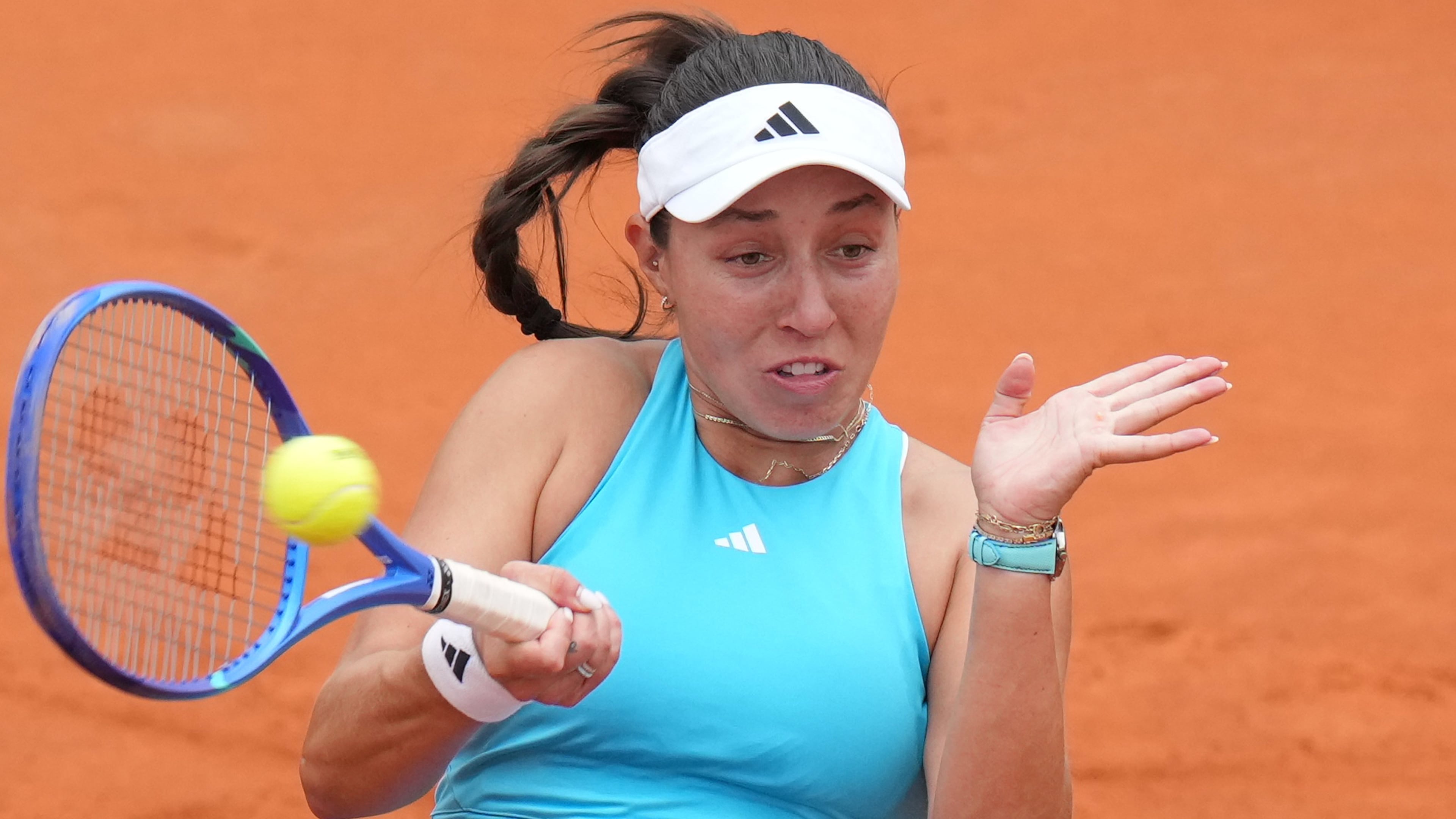 United States' Jessica Pegula returns the ball to Switzerland's Rebeka Masarova, during their match at the Italian Open tennis tournament in Rome, Sunday, May 10, 2026. (AP Photo/Andrew Medichini)
