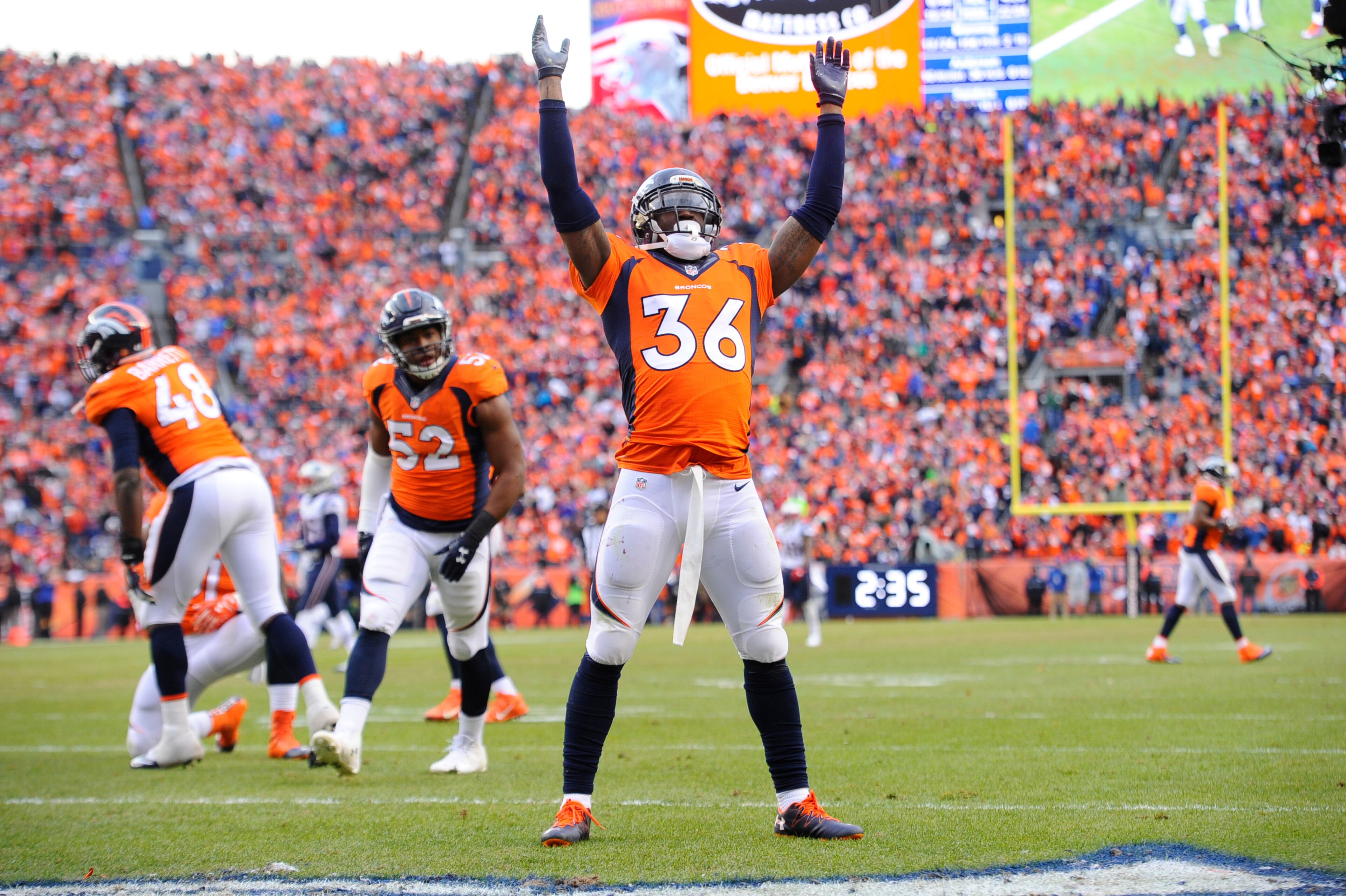 DENVER, CO - JANUARY 24: Kayvon Webster (36) of the Denver Broncos celebrates downing a punt at the third yard line in the third quarter. The Denver Broncos played the New England Patriots in the AFC championship game at Sports Authority Field at Mile High in Denver, CO on January 24, 2016. (Photo by AAron Ontiveroz/The Denver Post via Getty Images)