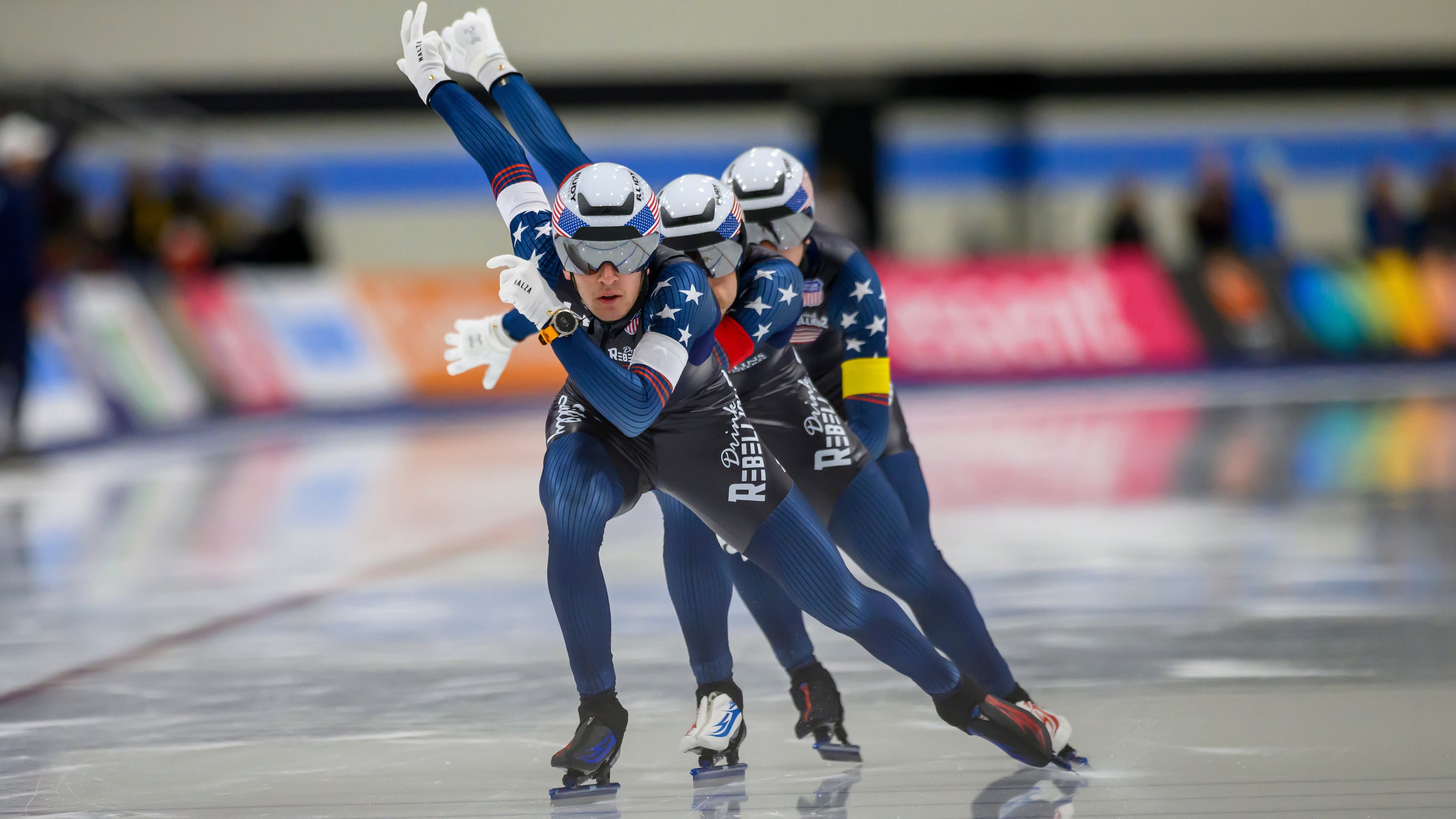 FILE - From front to back, United States' Casey Dawson, Emery Lehman and Ethan Cepuran skate to a new world record during the men's team pursuit at a World Cup speedskating event, Nov. 16, 2025, in Salt Lake City. (AP Photo/Tyler Tate, File)