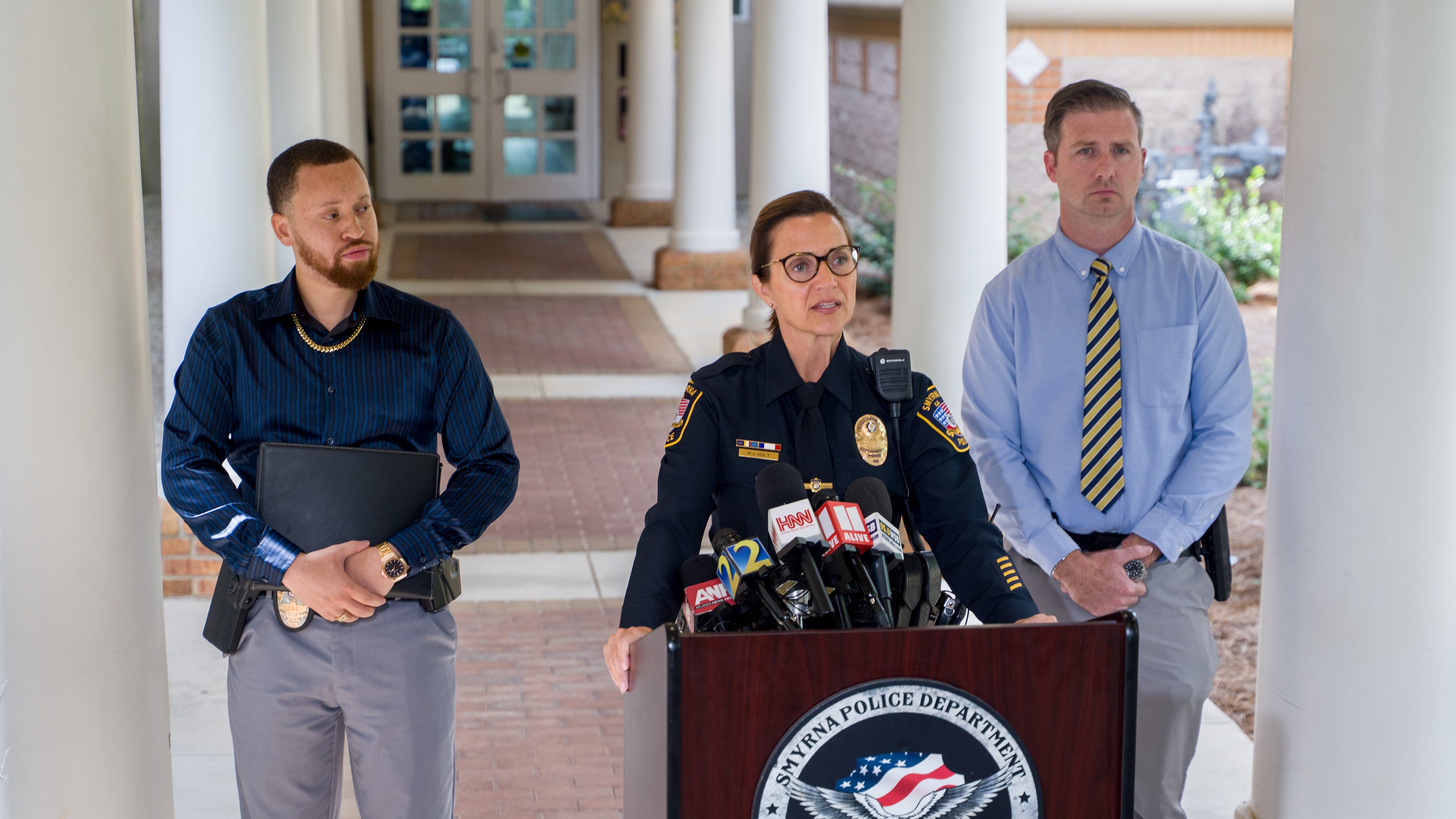 Smyrna police spokesperson Lt. Meredith Holt speaks during a news conference on Friday, Sept. 25, 2026, after a woman's dismembered body was found at Park Valley Apartments. (Ben Hendren for the AJC)