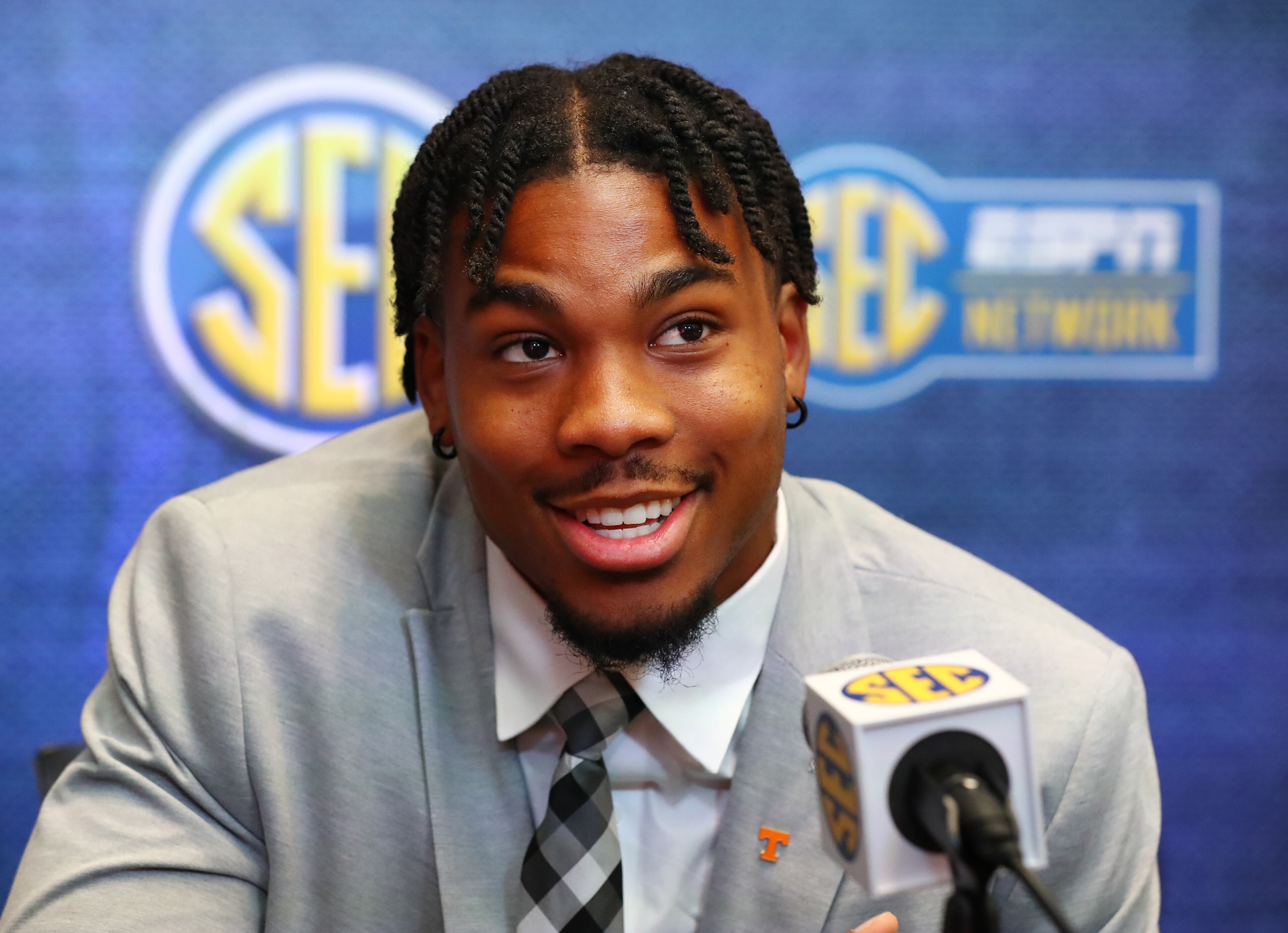 Tennessee wide receiver Cedric Tillman smiles at a question during his press conference at SEC Media Days in the College Football Hall of Fame on Thursday, July 21, 2022, in Atlanta. “Curtis Compton / Curtis Compton@ajc.com”