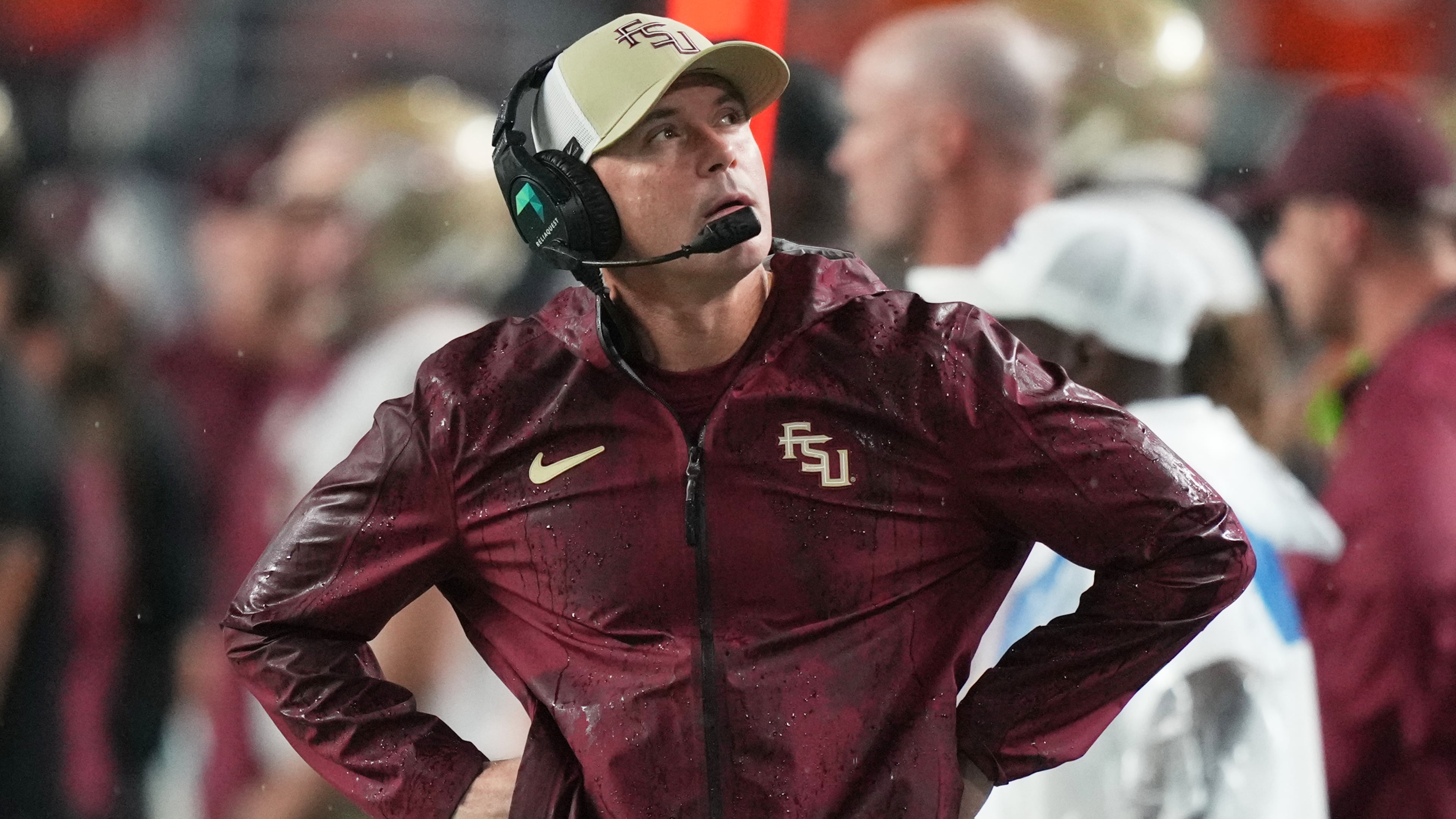 Florida State head coach Mike Norvell watches from the sideline during the first half of an NCAA college football game against Miami, Saturday, Oct. 17, 2026, in Miami Gardens, Fla. (AP Photo/Lynne Sladky)