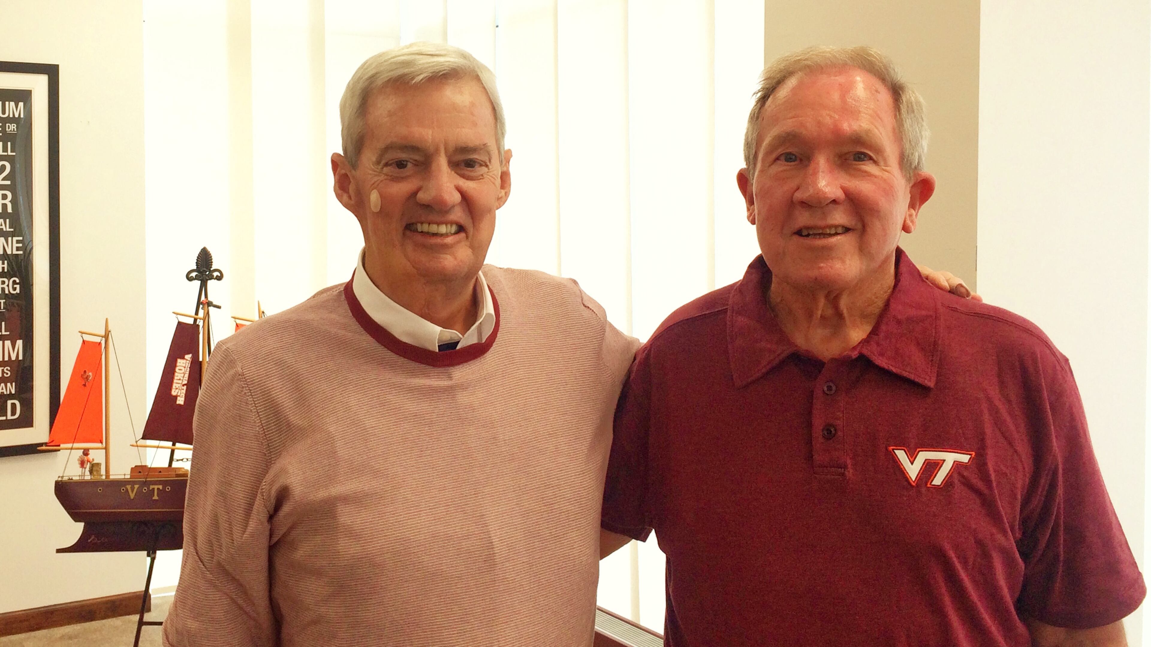 Georgia Tech coaching great Bobby Ross visited with Virignia Tech coaching legend Frank Beamer in Beamer’s office earlier in the fall. Ross was taking his granddaughter, a Virginia Tech freshman, to meet Beamer. Ross’ granddaughter bought him the Virignia Tech shirt to wear. (Photo courtesy of @VT_Football)