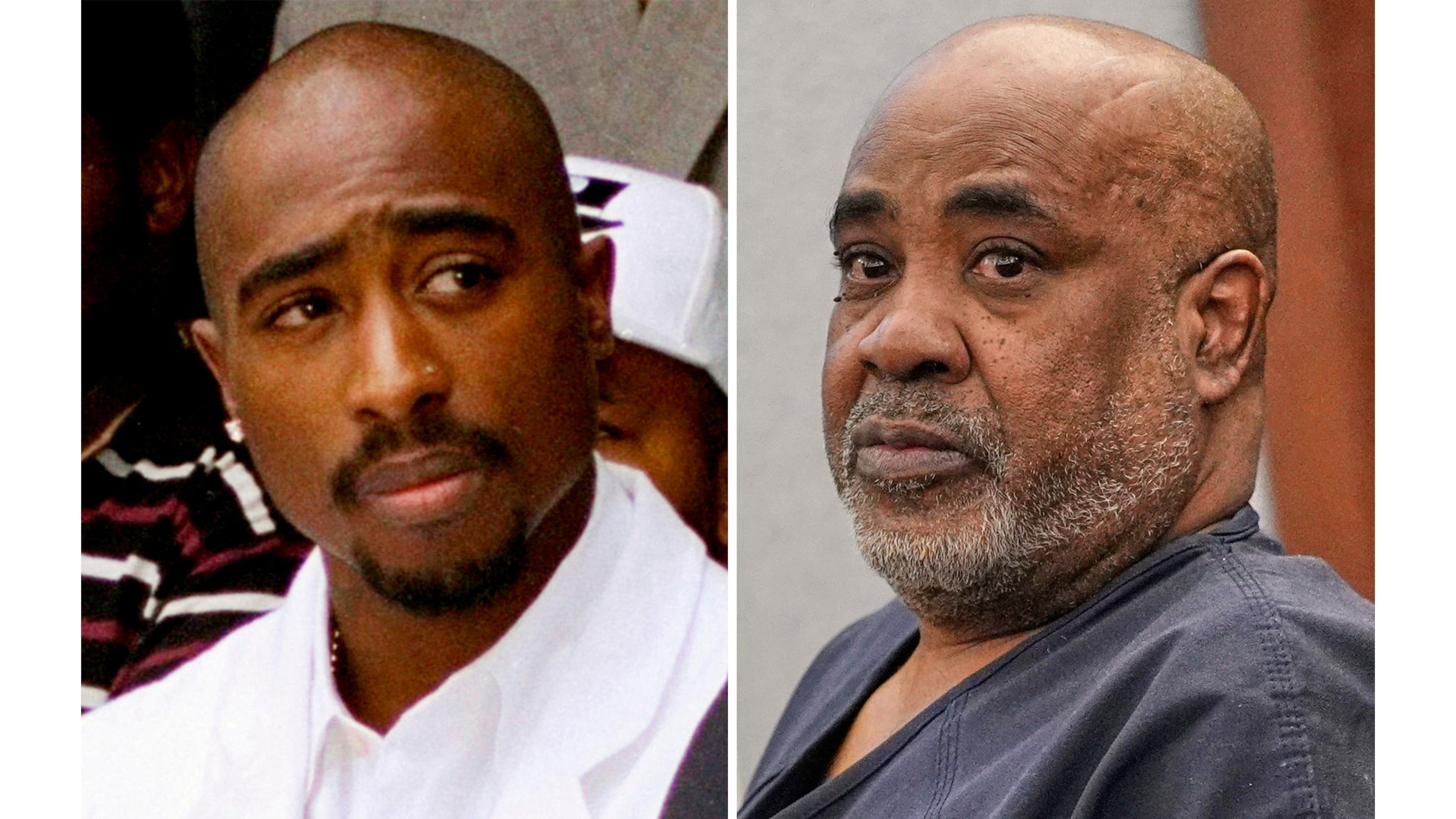 Rapper Tupac Shakur attends a voter registration event in South Central Los Angeles on Aug. 15, 1996, left, and Duane "Keffe D" Davis appears in District Court for his involvement in the 1996 killing of Shakur in Las Vegas on Feb. 18, 2025. (AP Photo)