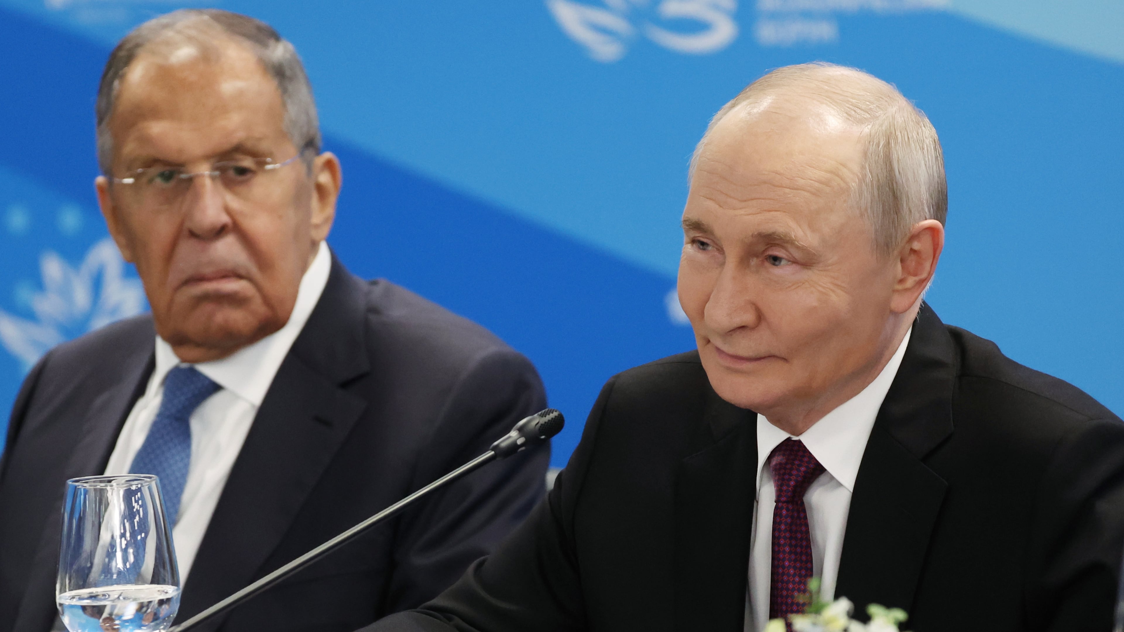 Russian President Vladimir Putin, right, and Russian Foreign Minister Sergey Lavrov, attend the talks with Indonesian President Prabowo Subianto on the sidelines of the Eastern Economic Forum in Vladivostok, Russia, Thursday, Sept. 3, 2026. (Vyacheslav Prokofyev/Sputnik, Kremlin Pool Photo via AP)