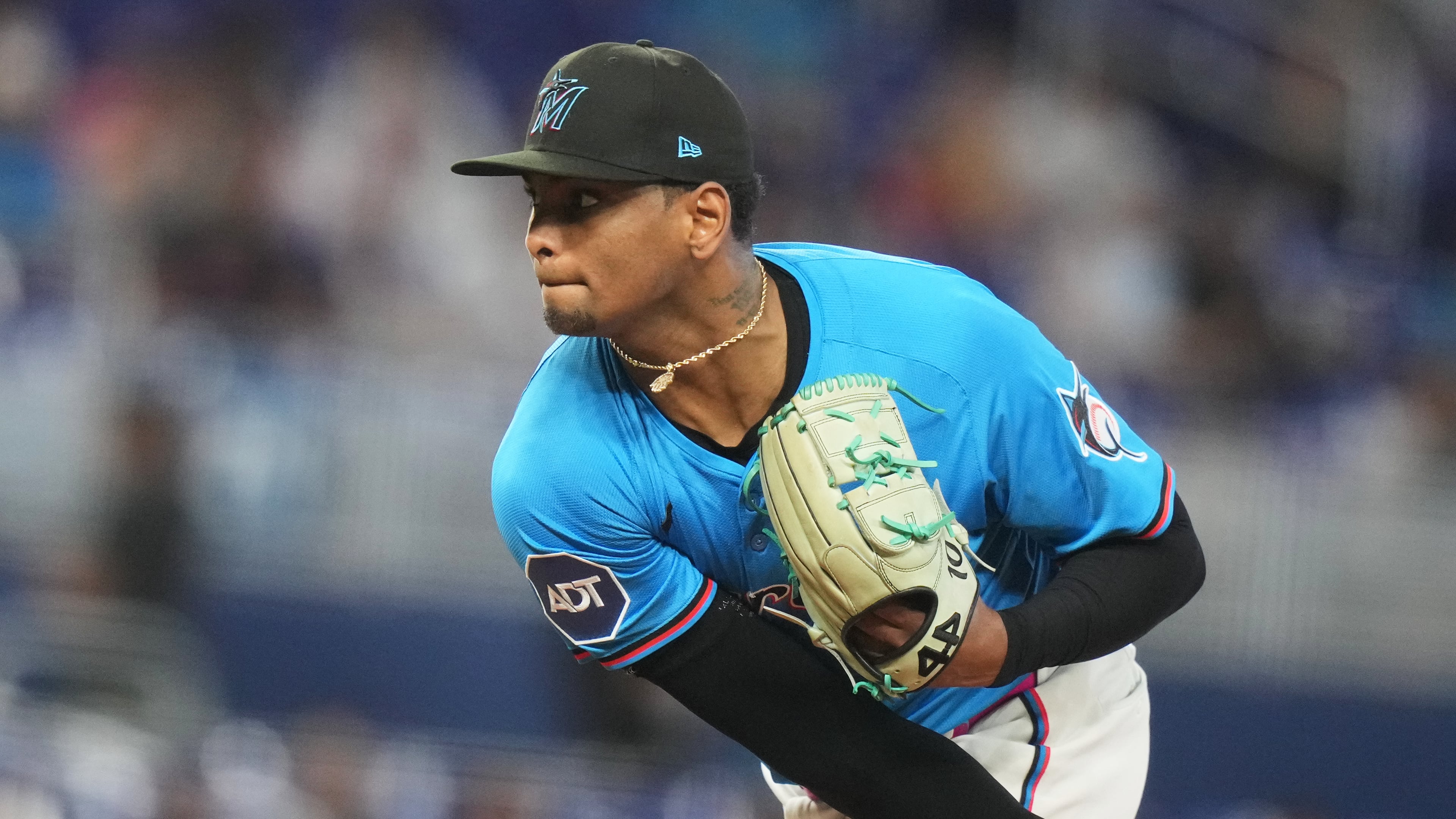 FILE - Miami Marlins starting pitcher Edward Cabrera follows through on a pitch during the first inning of a baseball game against the New York Mets, Sept. 28, 2025, in Miami. (AP Photo/Lynne Sladky, File)
