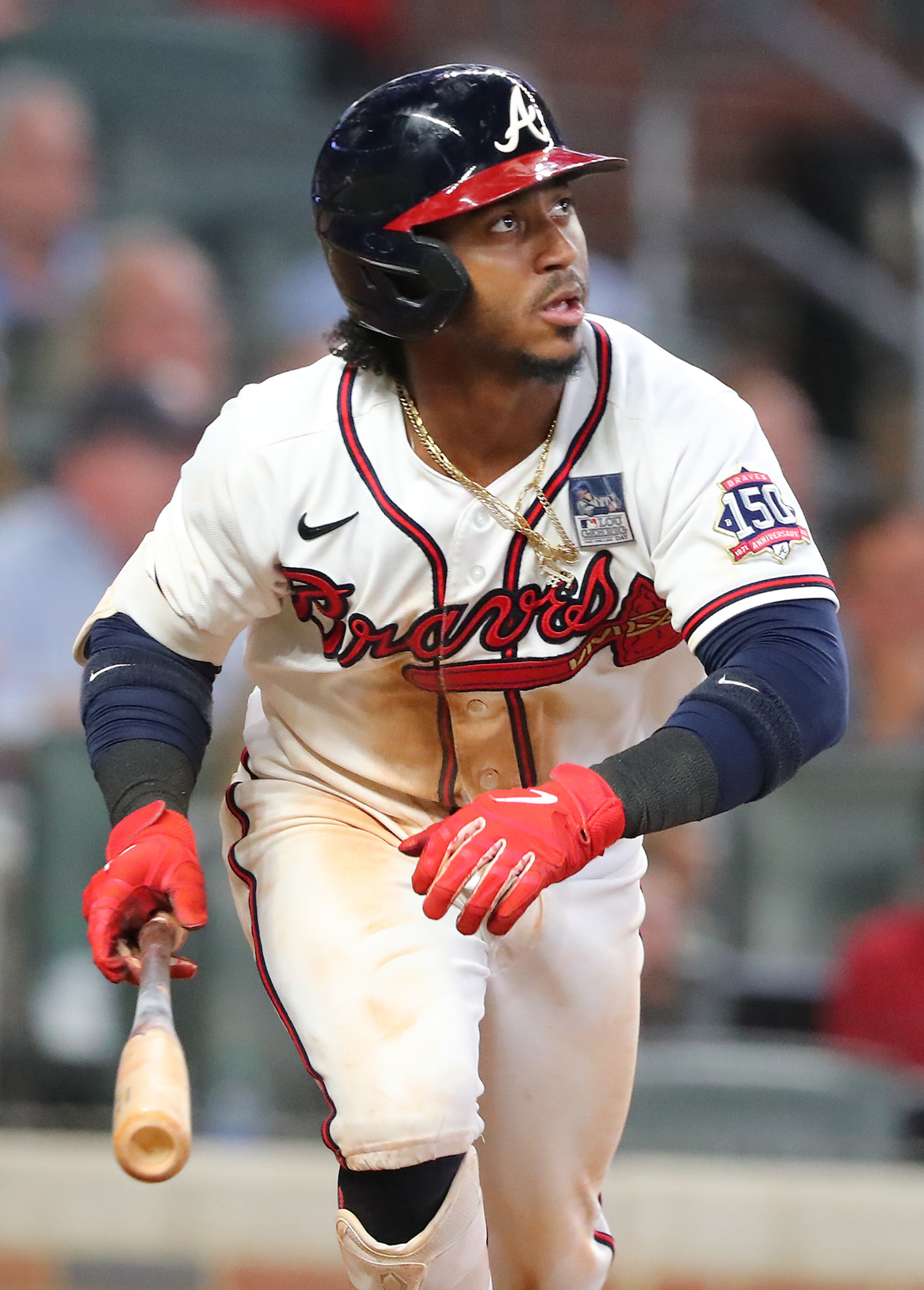 Ozzie Albies hits a 2-RBI double against the Washington Nationals during the 7th inning to tie the game 3-3 on Wednesday, Jun 2, 2021, in Atlanta. “Curtis Compton / Curtis.Compton@ajc.com”