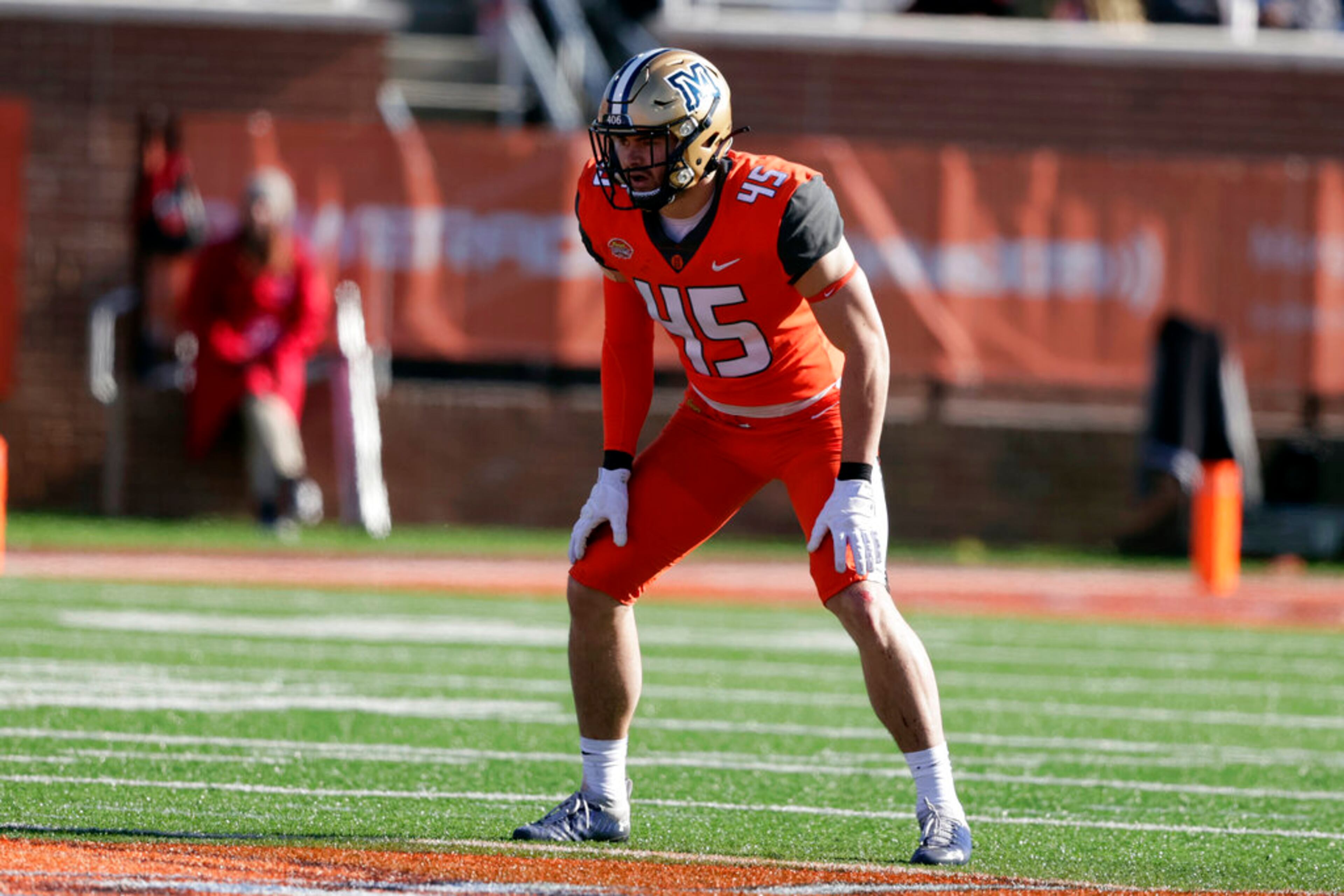 National Team linebacker Troy Andersen of Montana State (45) in an NCAA college football game Saturday, Feb. 5, 2022, in Mobile, Ala. (AP Photo/Butch Dill)