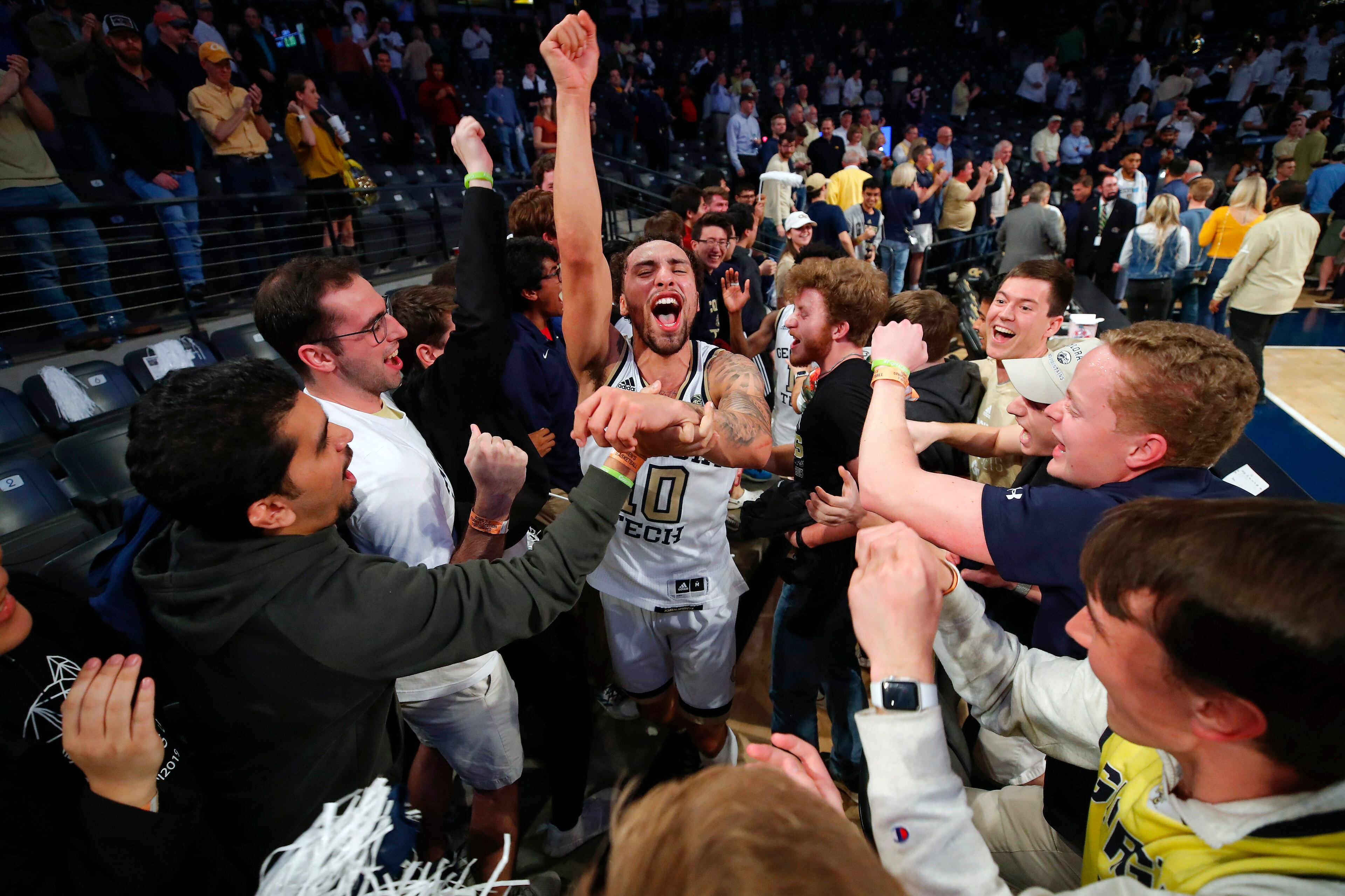 Georgia Tech guard Jose Alvarado (10) reacts at the conclusion of an NCAA college basketball game against Louisville in Atlanta, Wednesday, Feb. 12, 2020. (AP Photo/Todd Kirkland)
