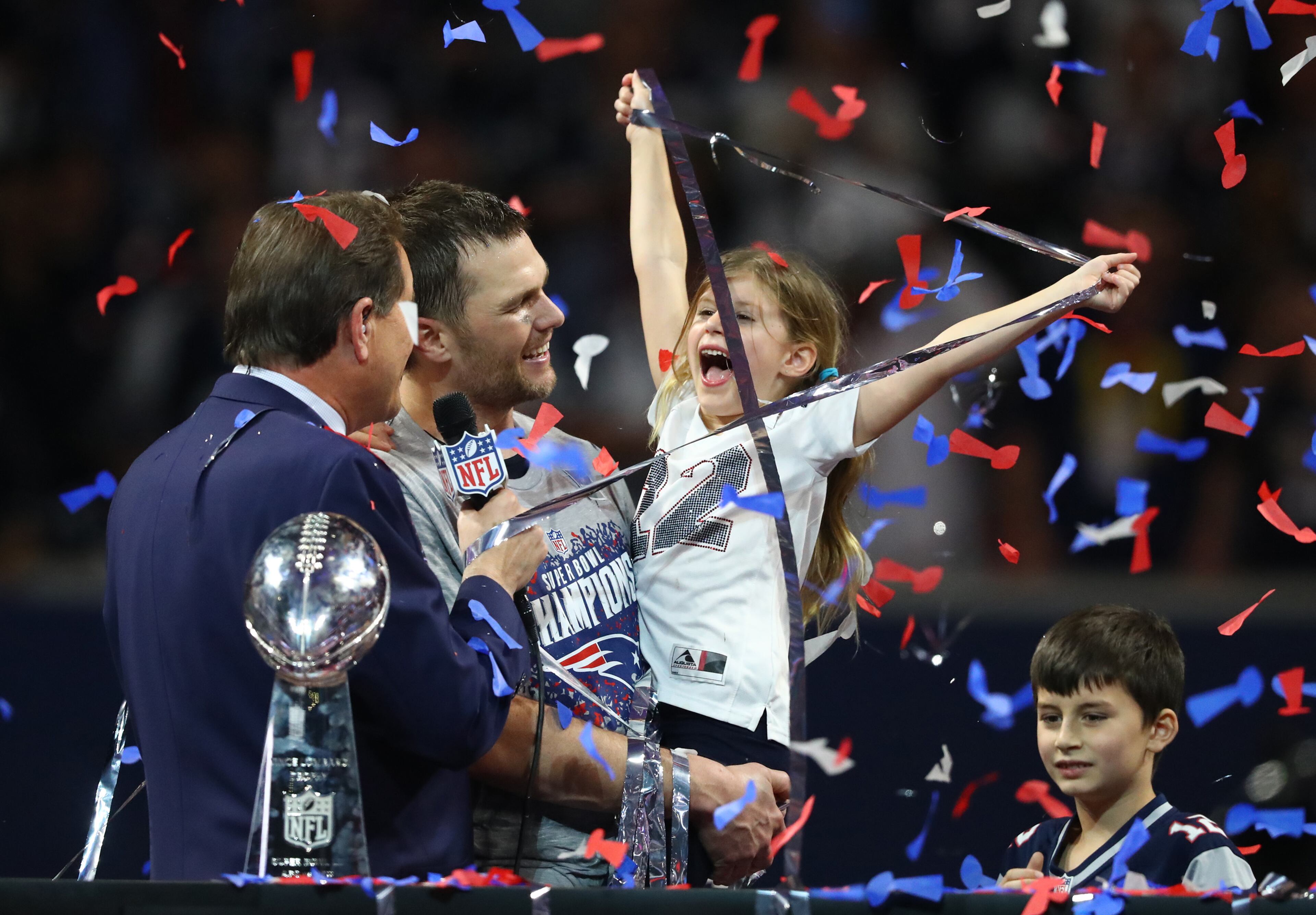 2/3/19 - Atlanta - Vivian Lake Brady, daughter of New England Patriots quarterback Tom Brady (12), celebrates her father's sixth Super Bowl after a defeat of the Los Angeles Rams in Super Bowl LIII on Sunday, Feb. 3, 2019 at Mercedes-Benz Stadium in Atlanta, Ga. 
CURTIS COMPTON / CCOMPTON@AJC.COM