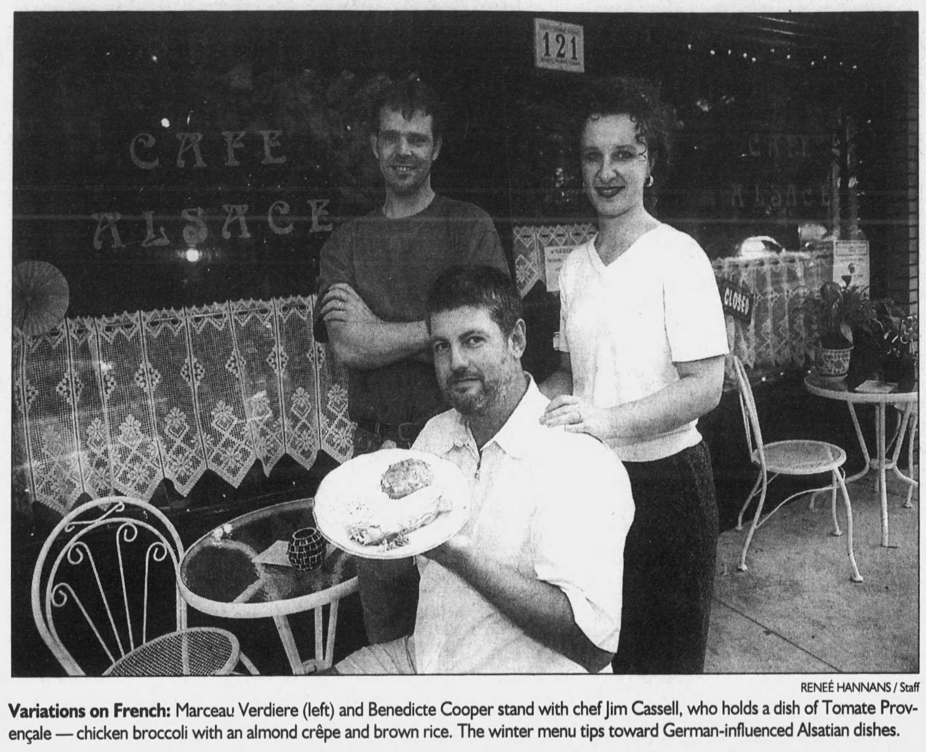 A photo of Benedicte Cooper (right) and Marceau Verdiere (left) and chef Jim Cassell, the colleagues with whom she opened Cafe Alsace in 1997. (Renee Hannans/AJC archival image)