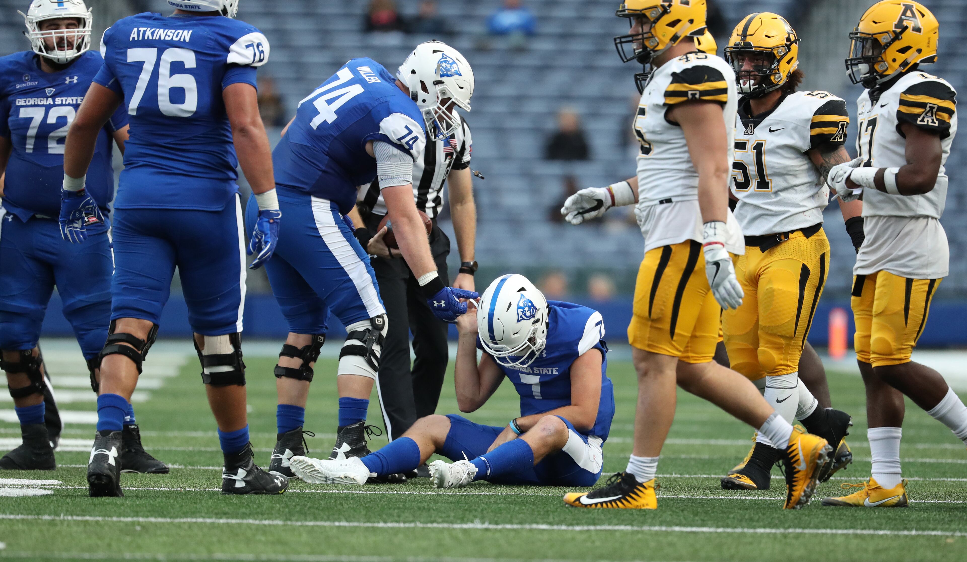 November 25, 2017 - Atlanta, Ga: Georgia State Panthers quarterback Conner Manning (7) reacts after getting tackled for a short gain in the second half against the Appalachian State at GSU Stadium Saturday, November 25, 2017, in Atlanta. Appalachian State Mountaineers won 31-10. PHOTO / JASON GETZ