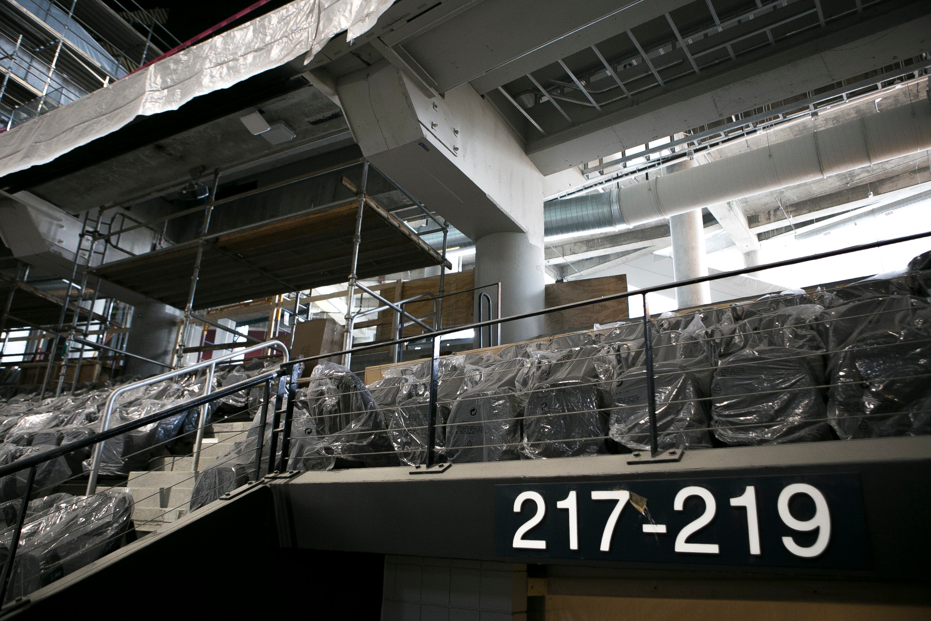 Seating section 217-219 of the main ballroom is shown during a guided media tour through the in-progress renovations at the State Farm Arena in Atlanta, Ga., on Thurs., Sept. 20, 2018. The renovations, which total $192.5 million, are on track to be completed by the arena's scheduled open house on October 20. The current rate of progress is about $1 million of work per day, according to Brett Stefansson, Atlanta Hawks executive vice president and general manager of State Farm Arena. (CASEY SYKES, CASEYLANESYKES@GMAIL.COM)
