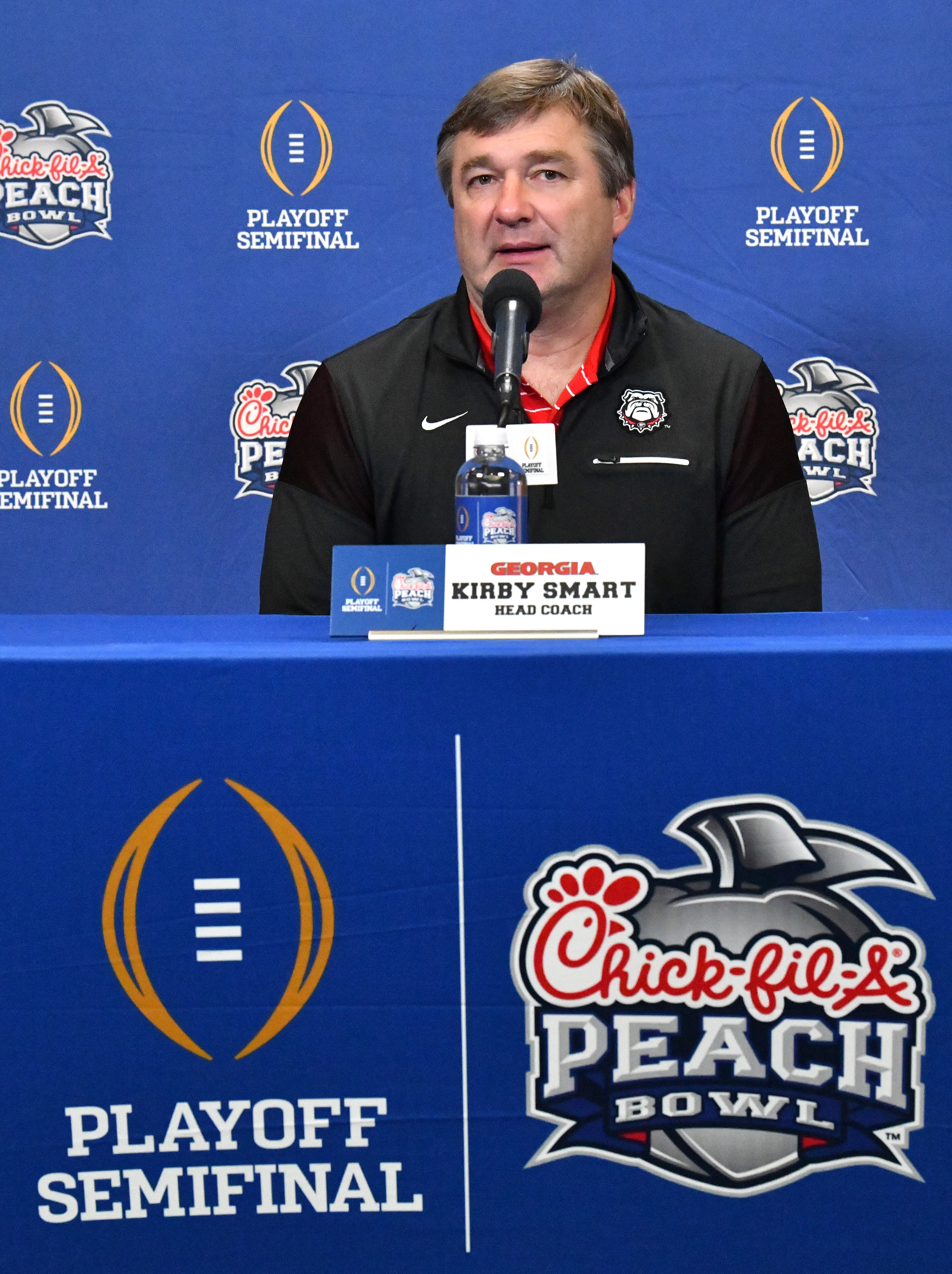 Georgia coach Kirby Smart speaks during Peach Bowl Media Day on Thursday at the College Football Hall of Fame in Atlanta. (Hyosub Shin / Hyosub.Shin@ajc.com)