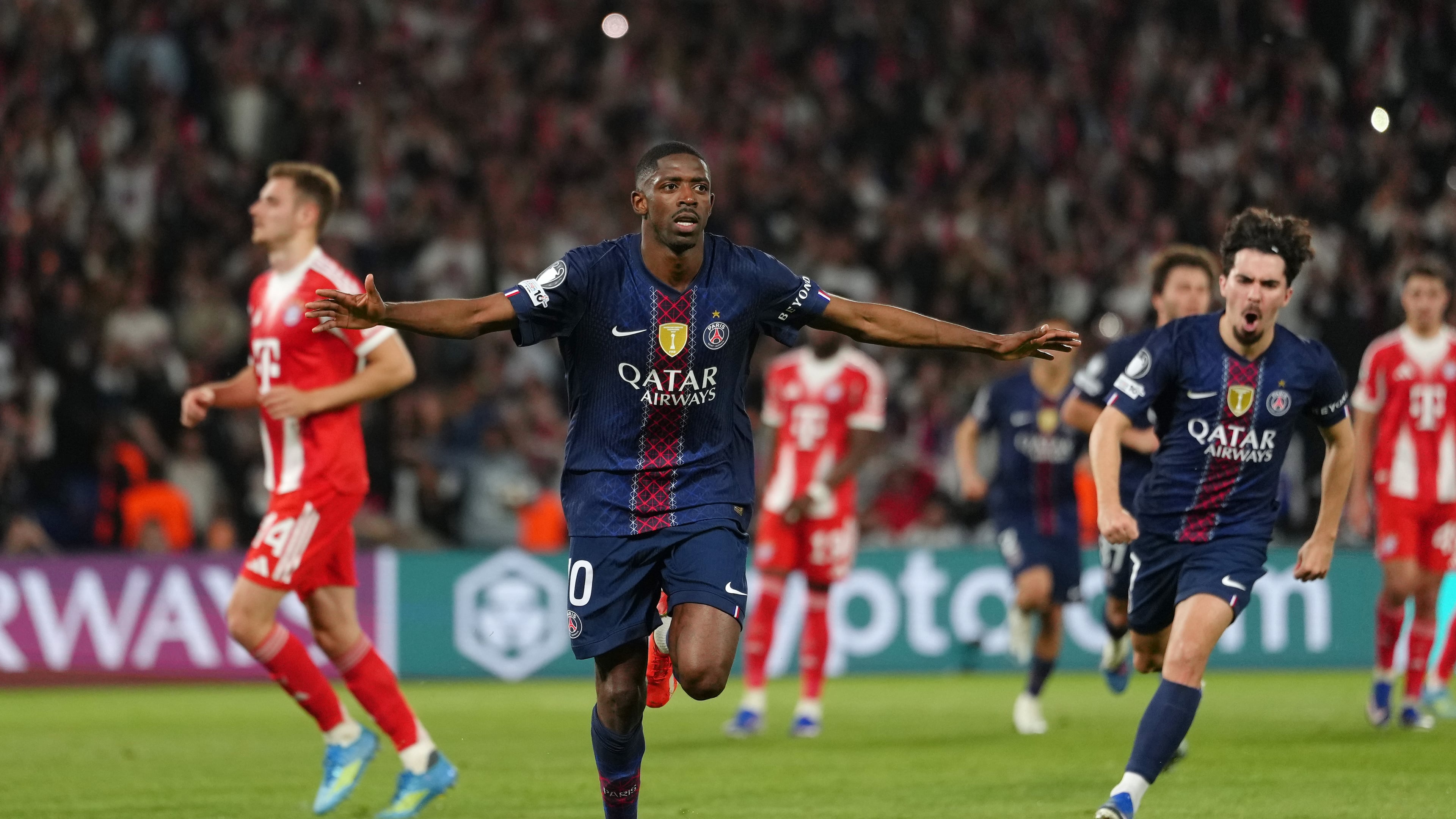 PSG's Ousmane Dembele celebrates after scoring his side's third goal during a Champions League semifinal, first leg, soccer match between Paris Saint-Germain and Bayern Munich in Paris, Tuesday, April 28, 2026. (AP Photo/Aurelien Morissard)