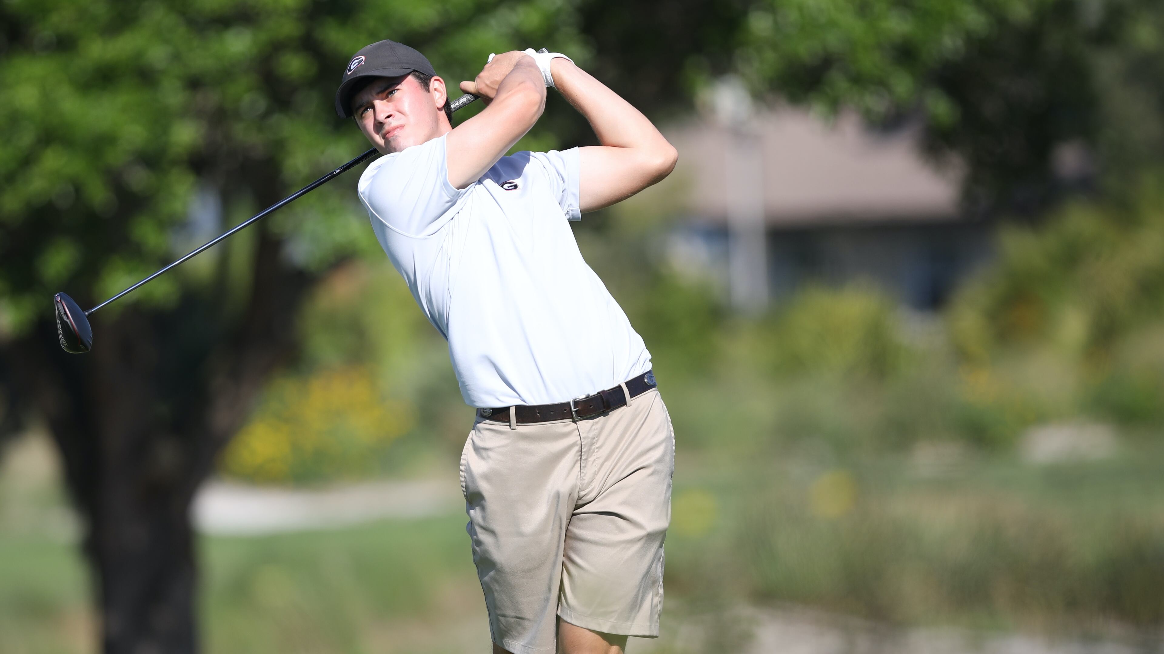 Georgia's Davis Thompson tees off during the first round of the SEC Championship Wednesday, April 21, 2021, at Sea Island Golf Club on St. Simons Island. (Steven Colquitt/UGA Athletics)