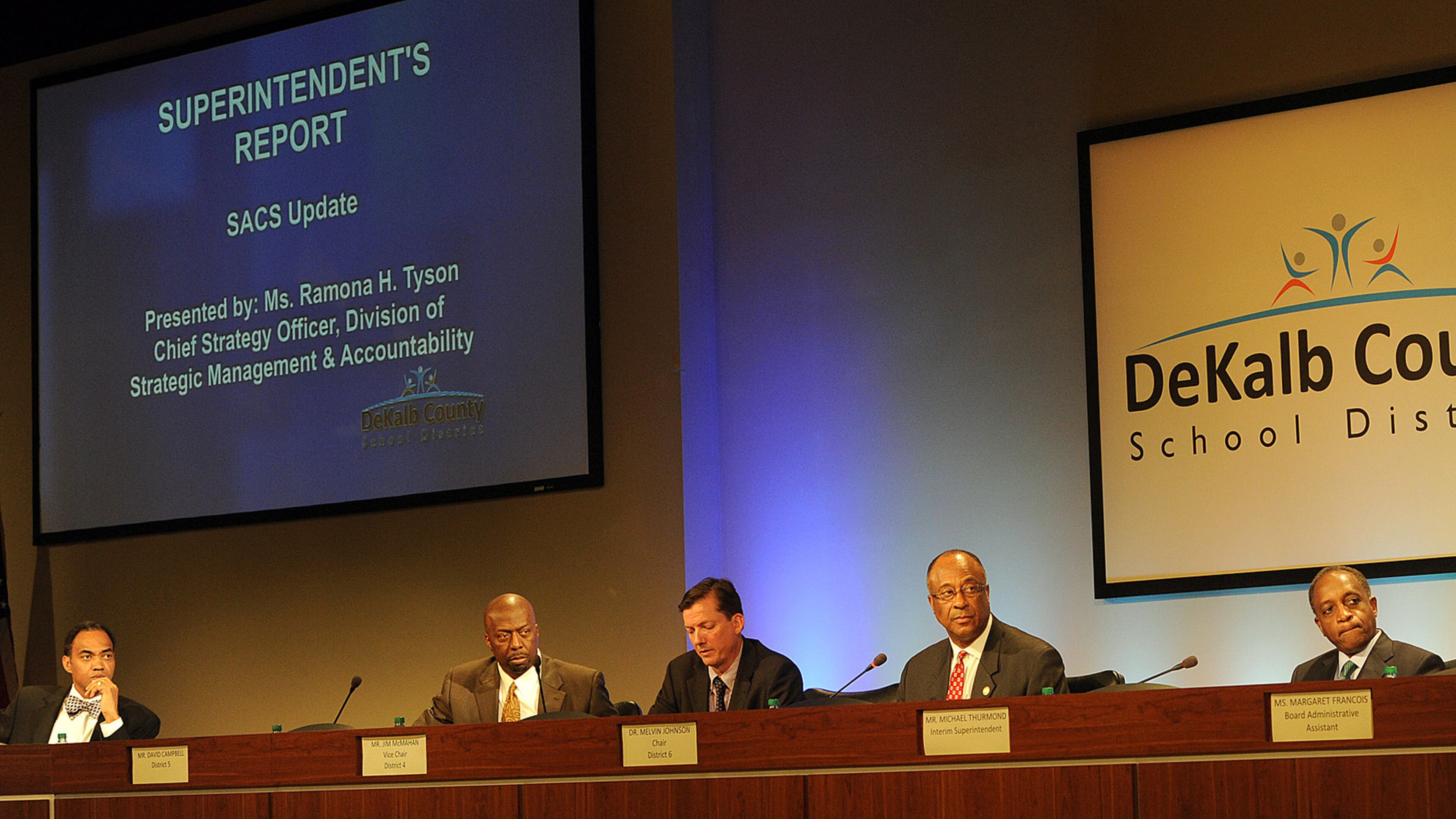 032013 Stone Mountain: New DeKalb County School District board members and Dekalb County School District Superintendent Michael Thurmond listens to the SACS update on Wednesday, March 20, 2013, at the DeKalb County School District Board meeting. JOHNNY CRAWFORD / JCRAWFORD@AJC.COM