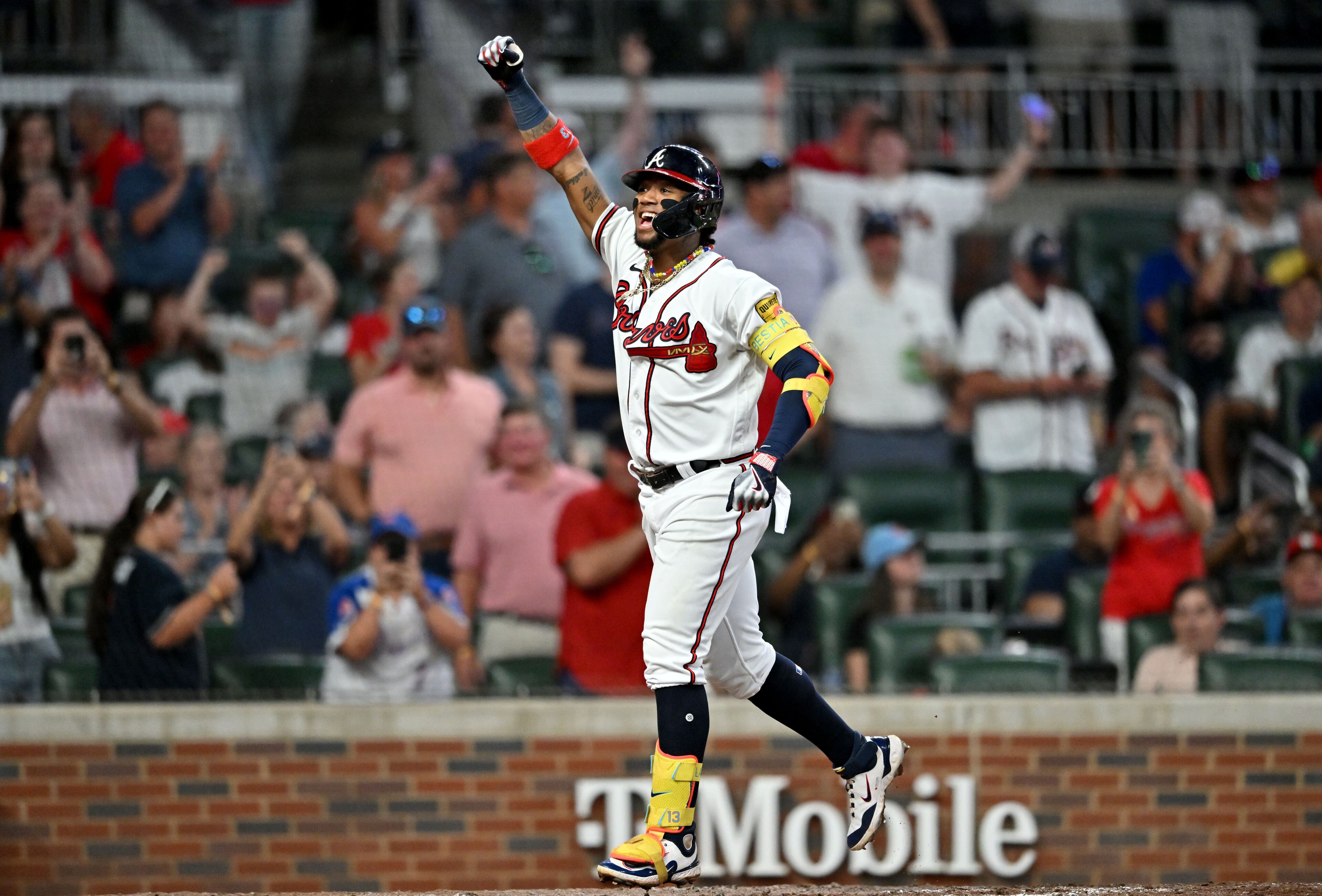 Atlanta Braves' right fielder Ronald Acuna Jr. (13) celebrates after hitting a solo home run during the sixth inning at Truist Park, Thursday, September 7, 2023, in Atlanta. Atlanta Braves won 8-5 over St. Louis Cardinals. (Hyosub Shin / Hyosub.Shin@ajc.com)