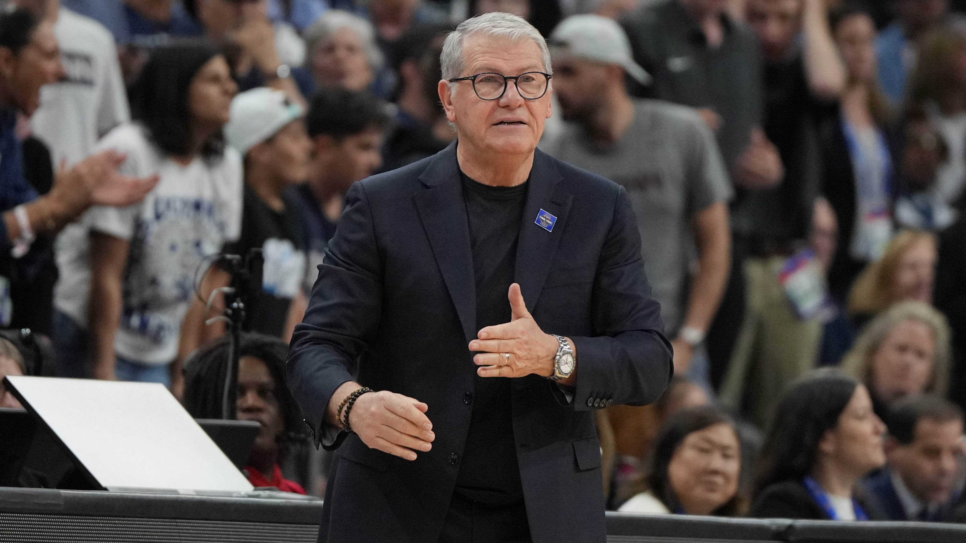 FILE - UConn head coach Geno Auriemma against South Carolina during the first half of a woman's NCAA college basketball tournament semifinal game at the Final Four, April 3, 2026, in Phoenix. (AP Photo/Rick Scuteri, file)